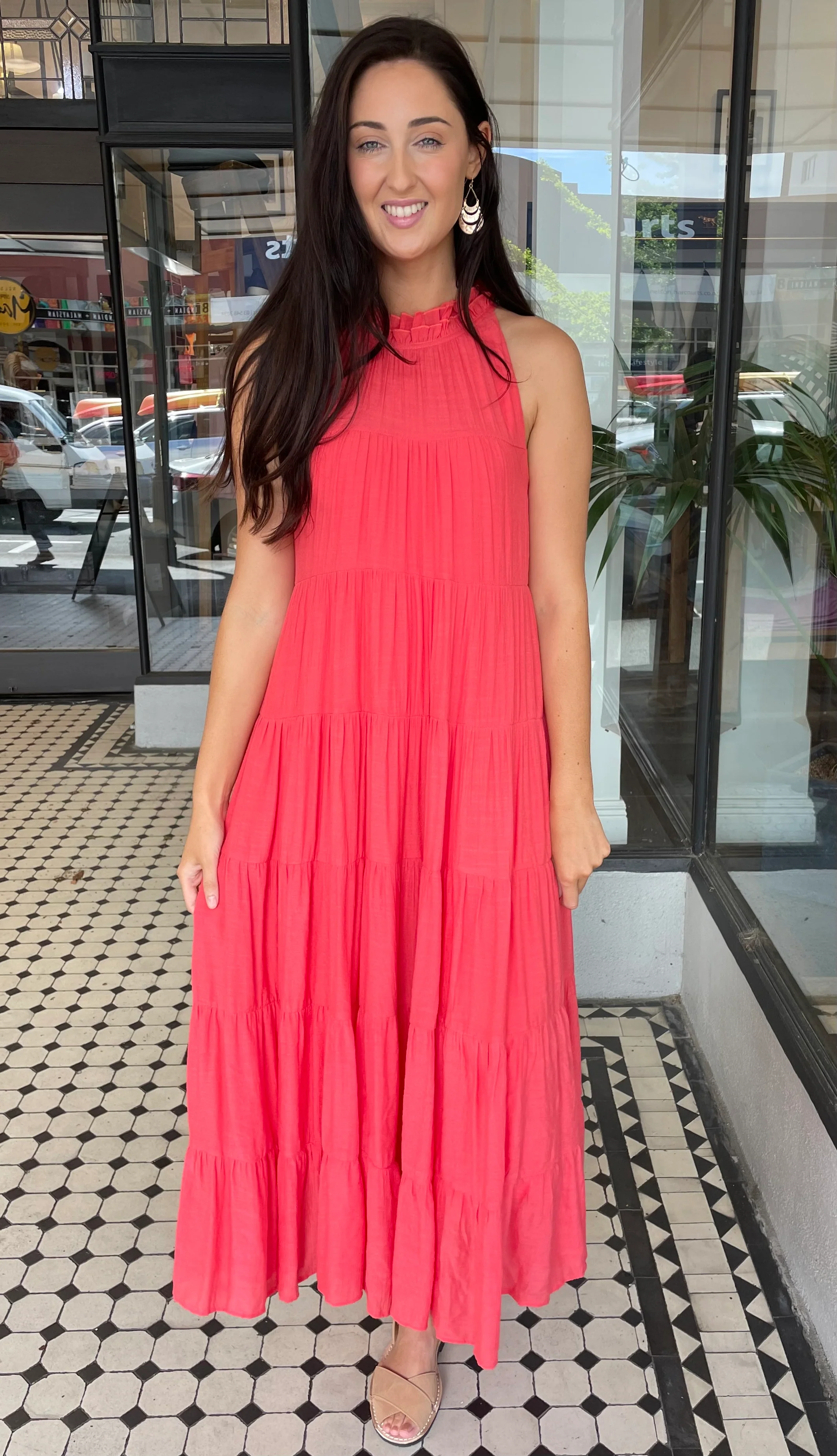 Juliette High Neck Tiered Maxi Dress Coral