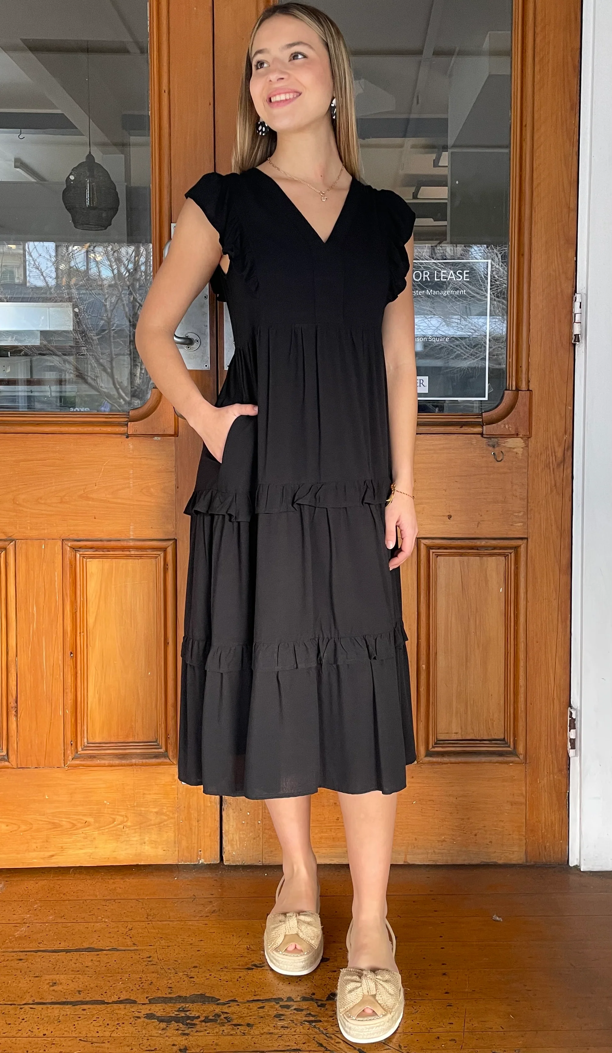 Jayla Ruffled Tiered Midi Dress Black