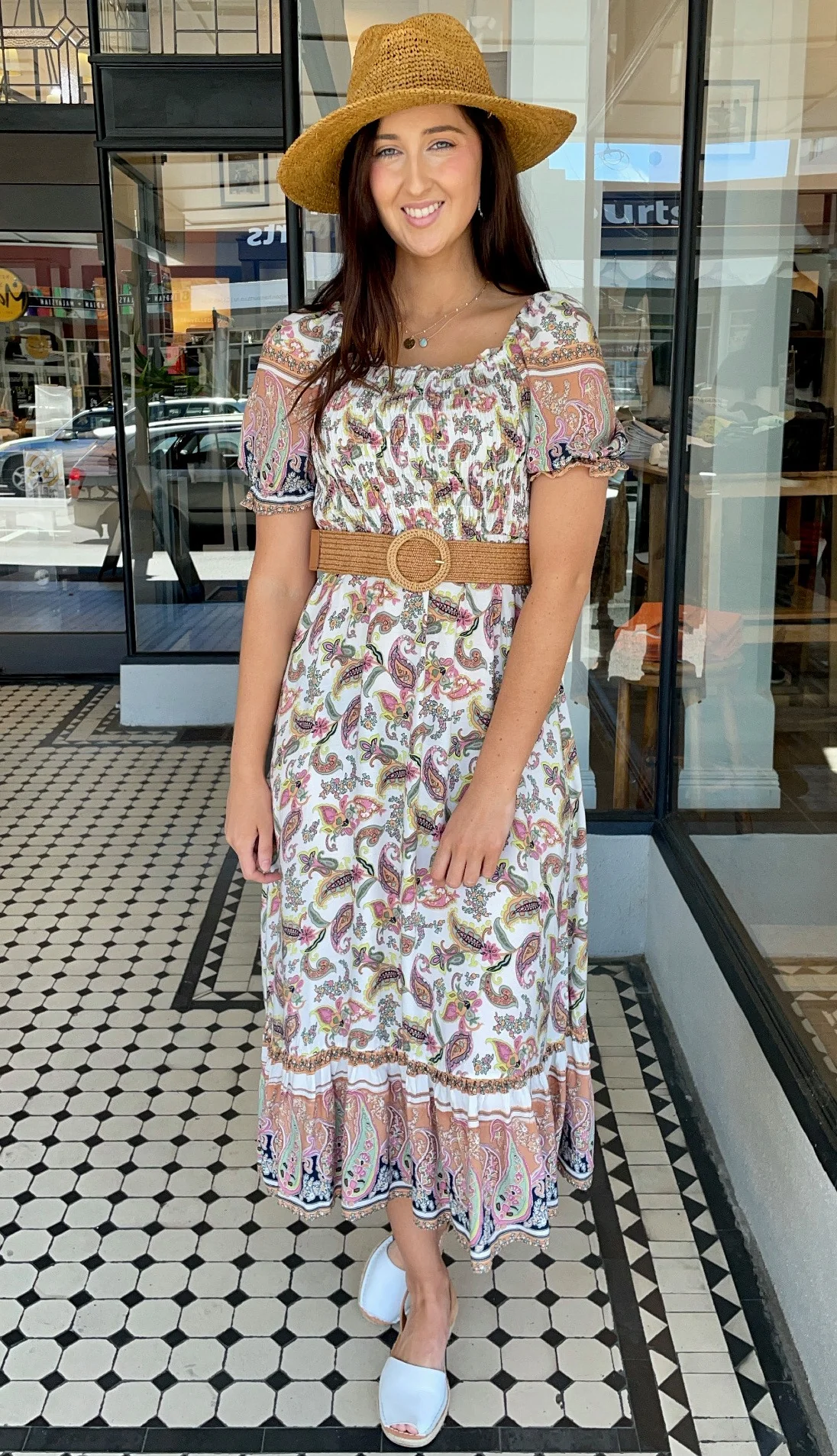 Paisley Smocked Bodice Dress Off White