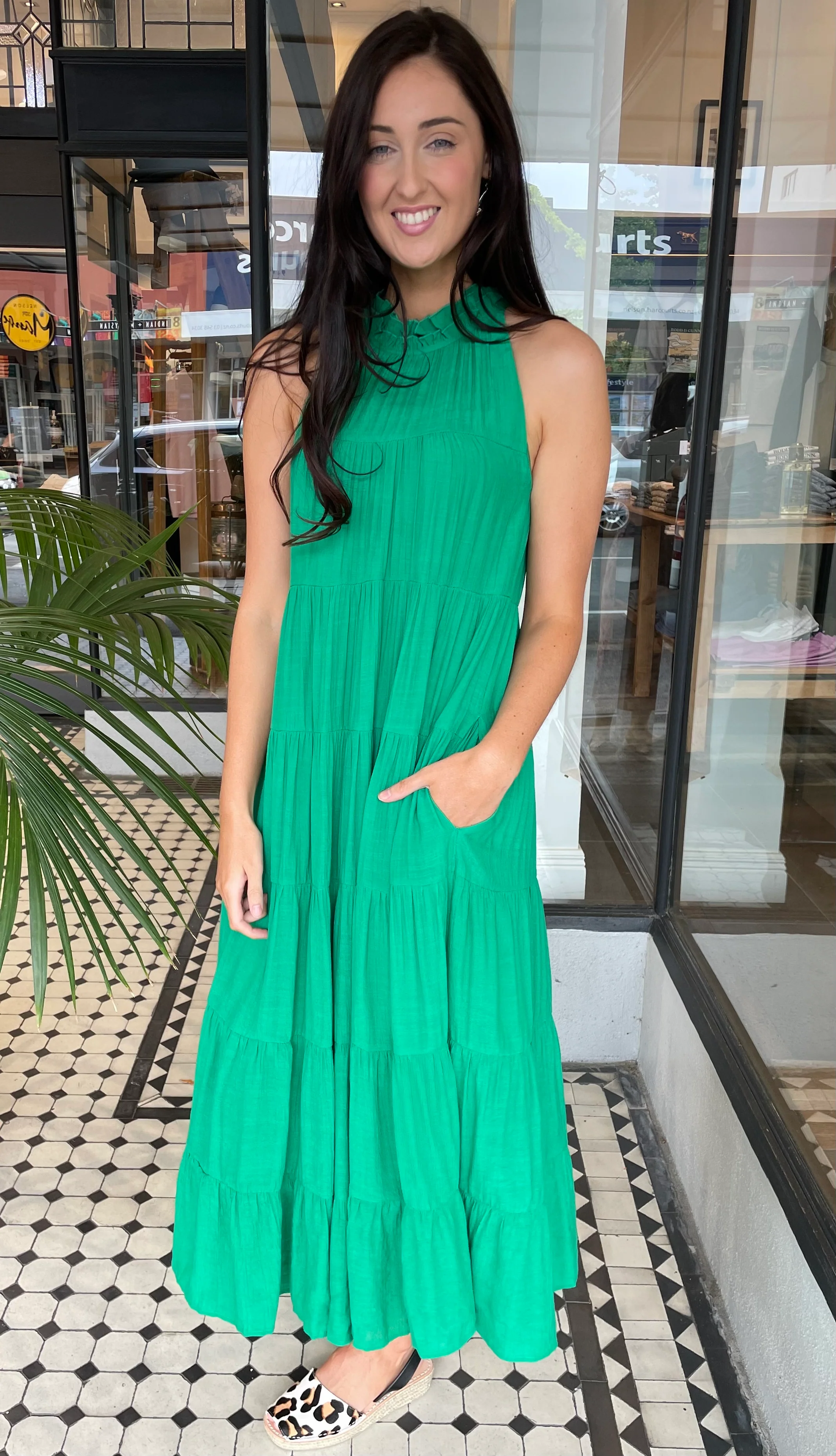Juliette High Neck Tiered Maxi Dress Green (Restock in all sizes arriving Mid Sept 23)