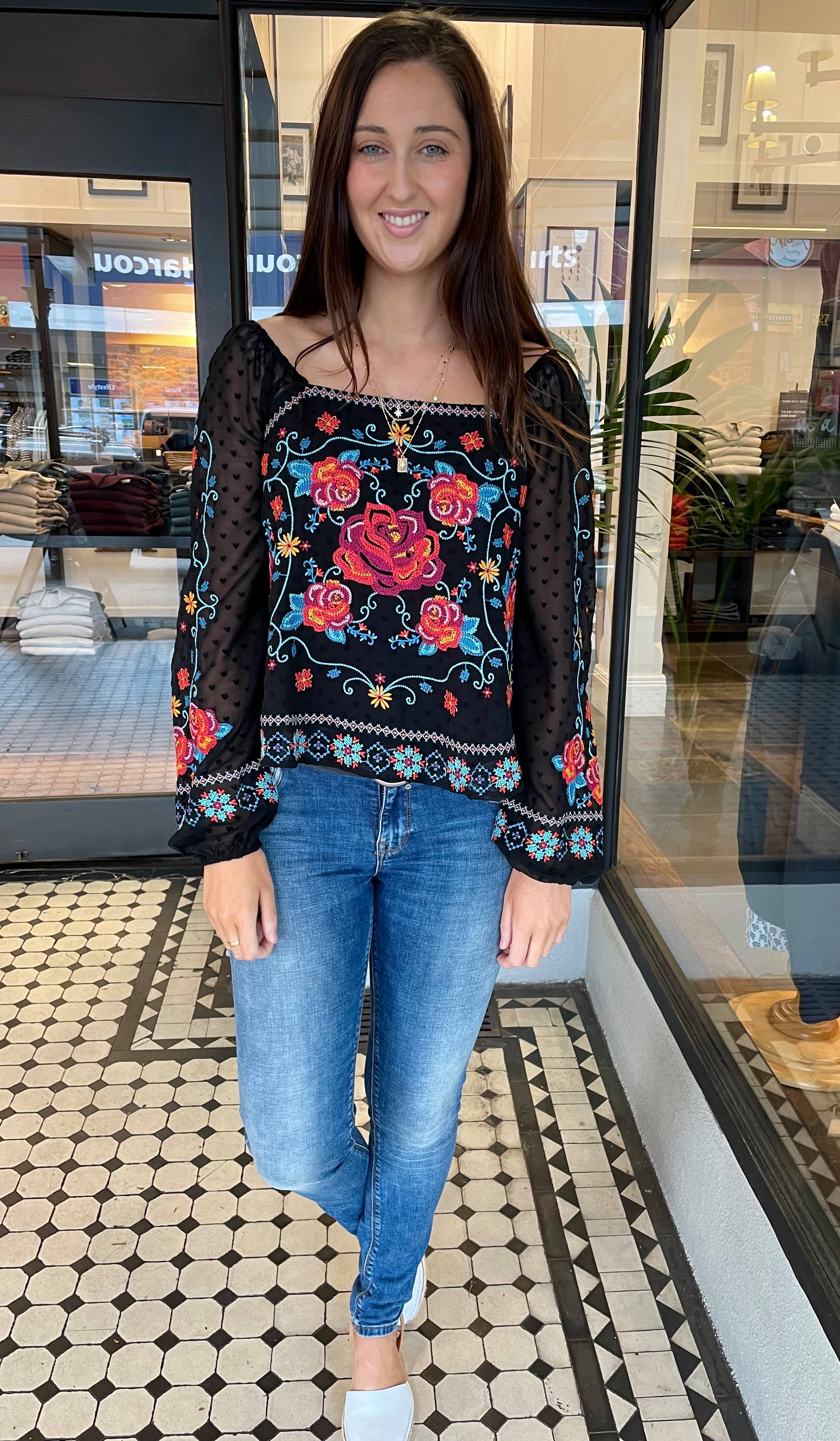 Natalia Embroidered Square Neck Top Black