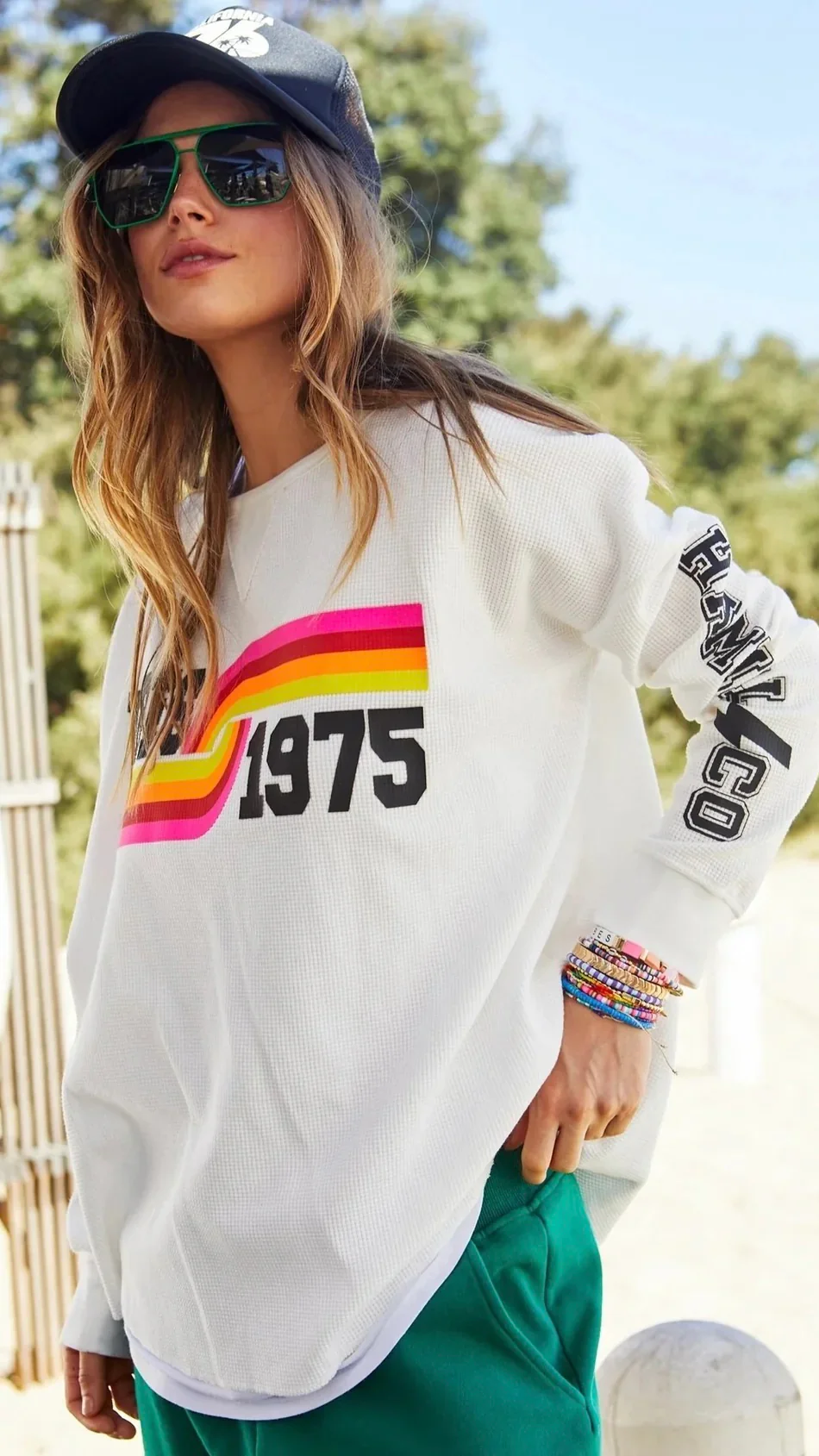 Vibes Long Sleeve Waffle Top White