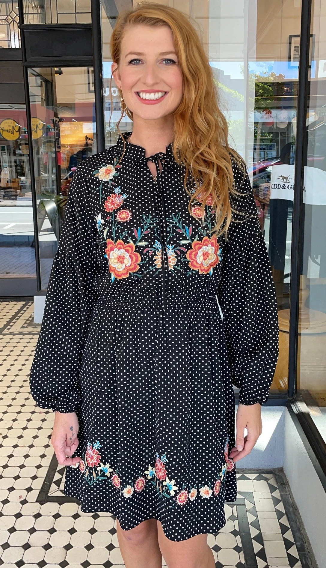 Polly Long Sleeve Embroidered Dress Black Dot