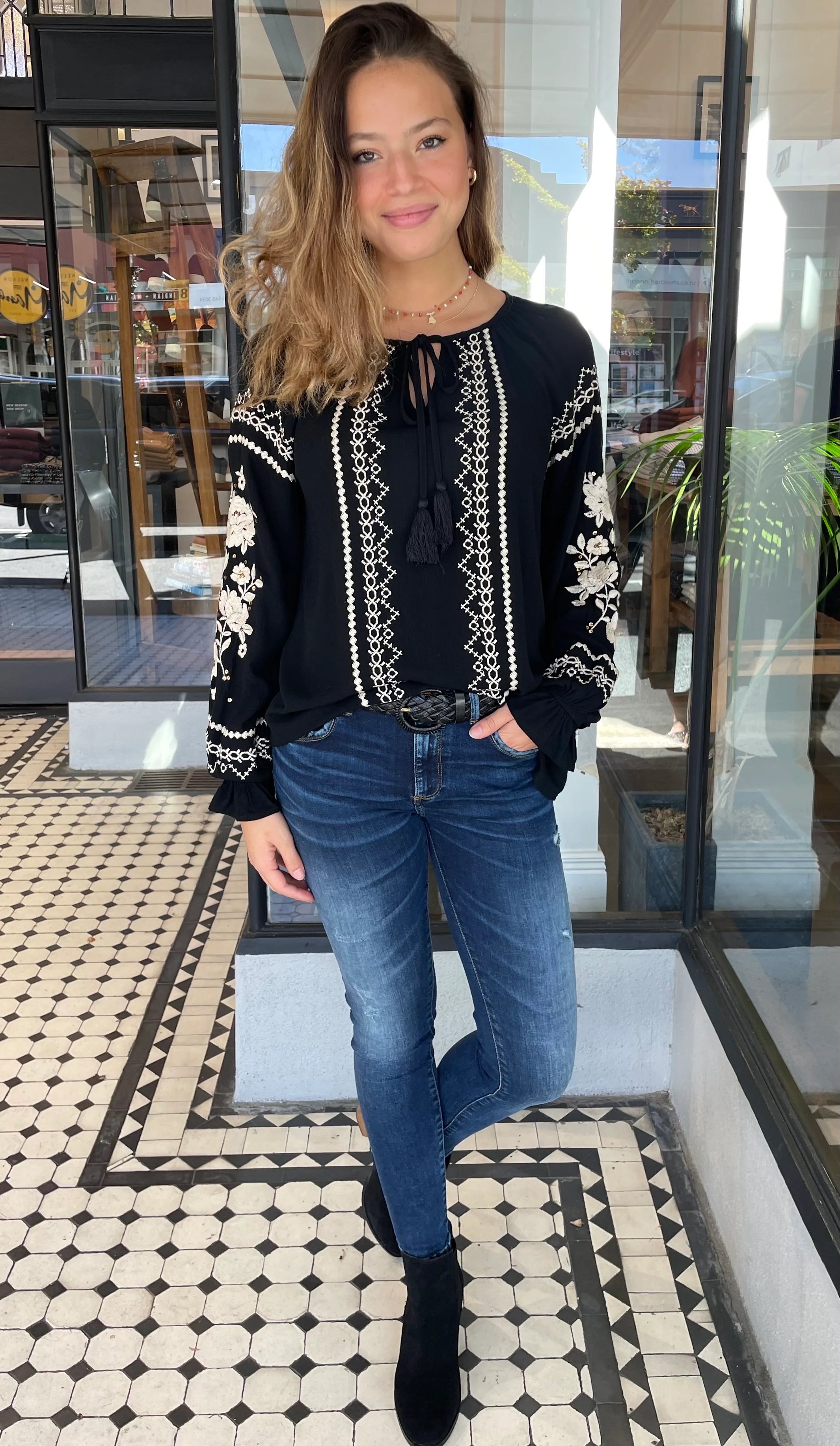Catalina Sequins Embroidered Long Sleeve Top Black