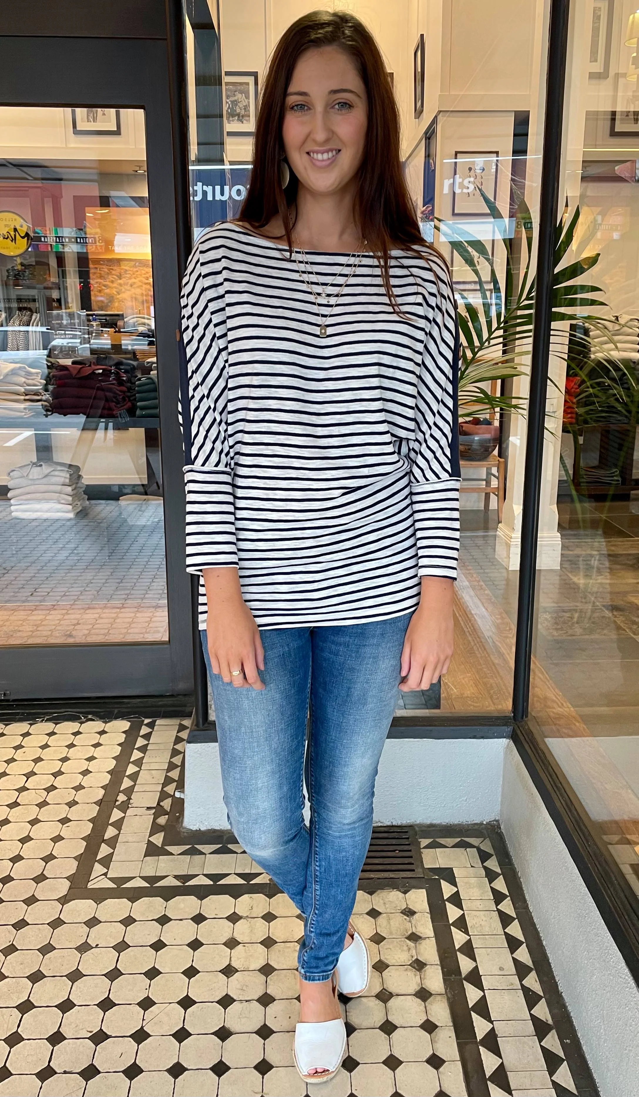 Isles Button Sleeve Top Navy Stripe