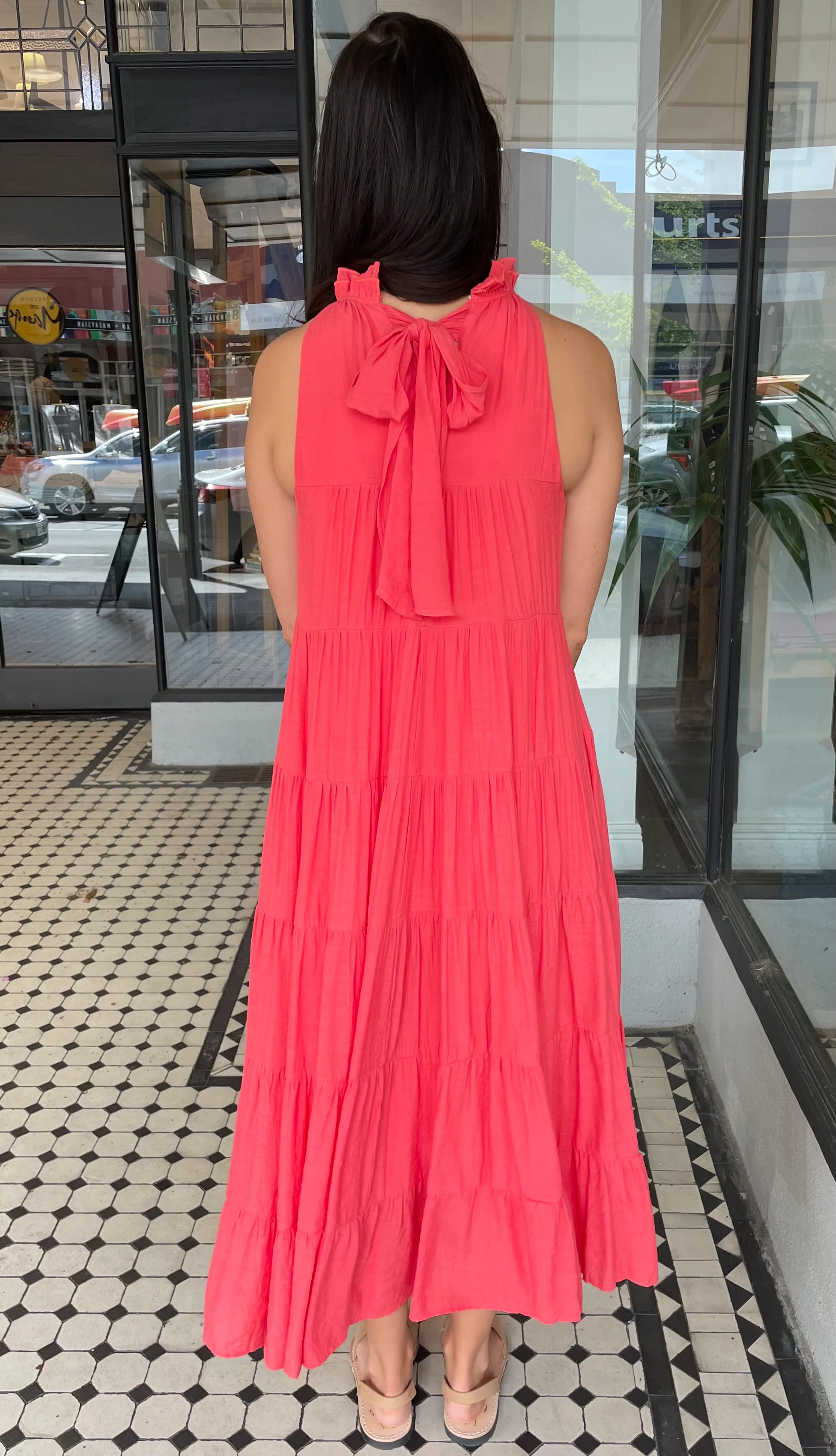 Juliette High Neck Tiered Maxi Dress Coral