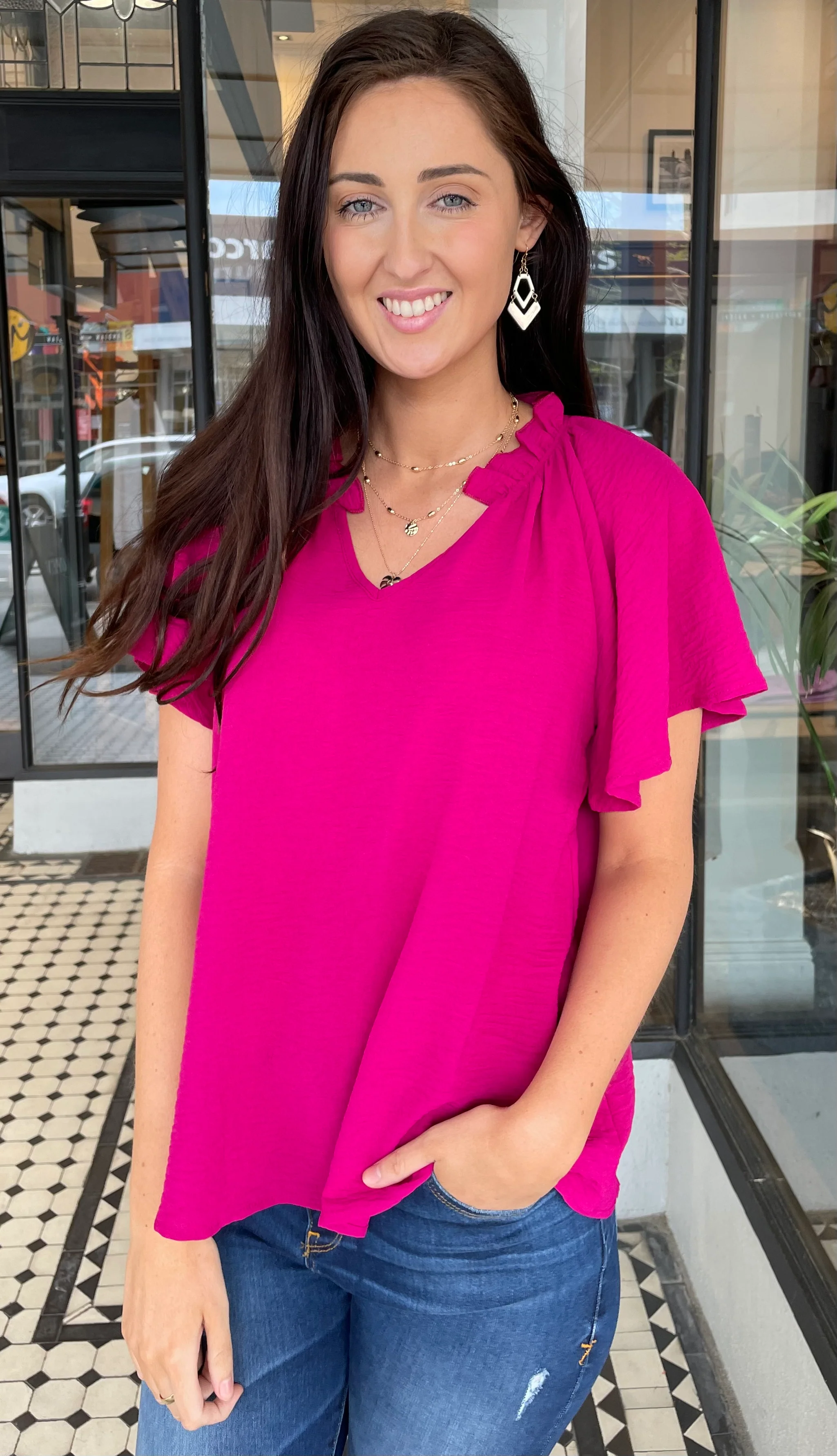 Lisa V Neck Flutter Sleeve Top Fuchsia