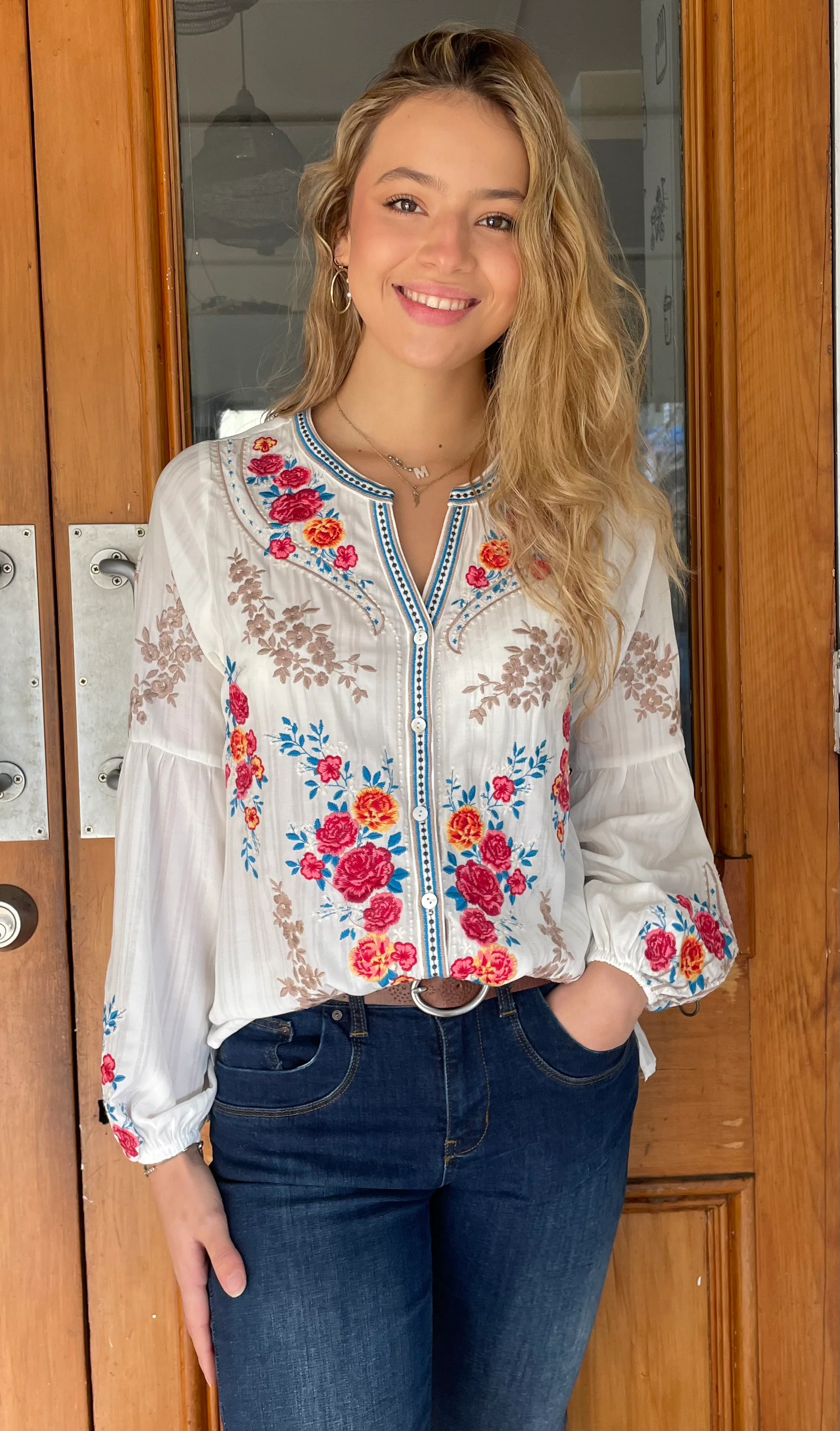 Largo Embroidered Button Down Top Ivory