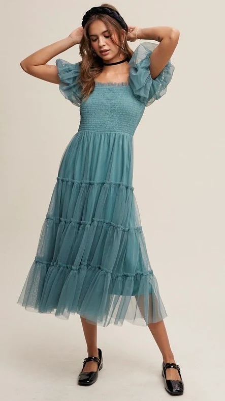 Penelope Tulle Puff Sleeve Dress Sage