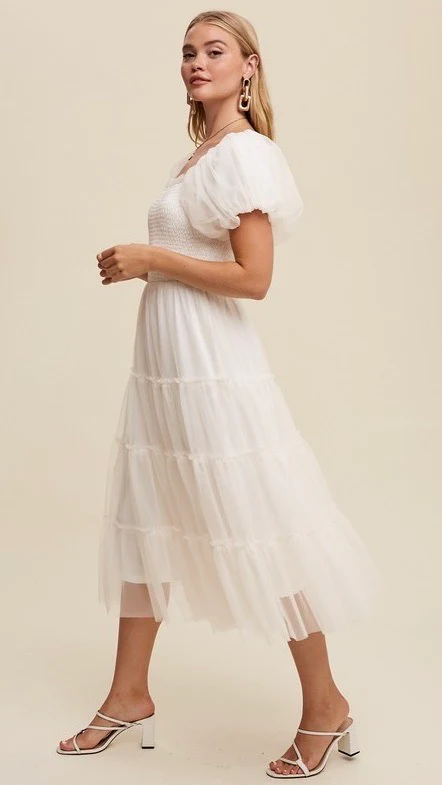 Penelope Tulle Puff Sleeve Dress Off White
