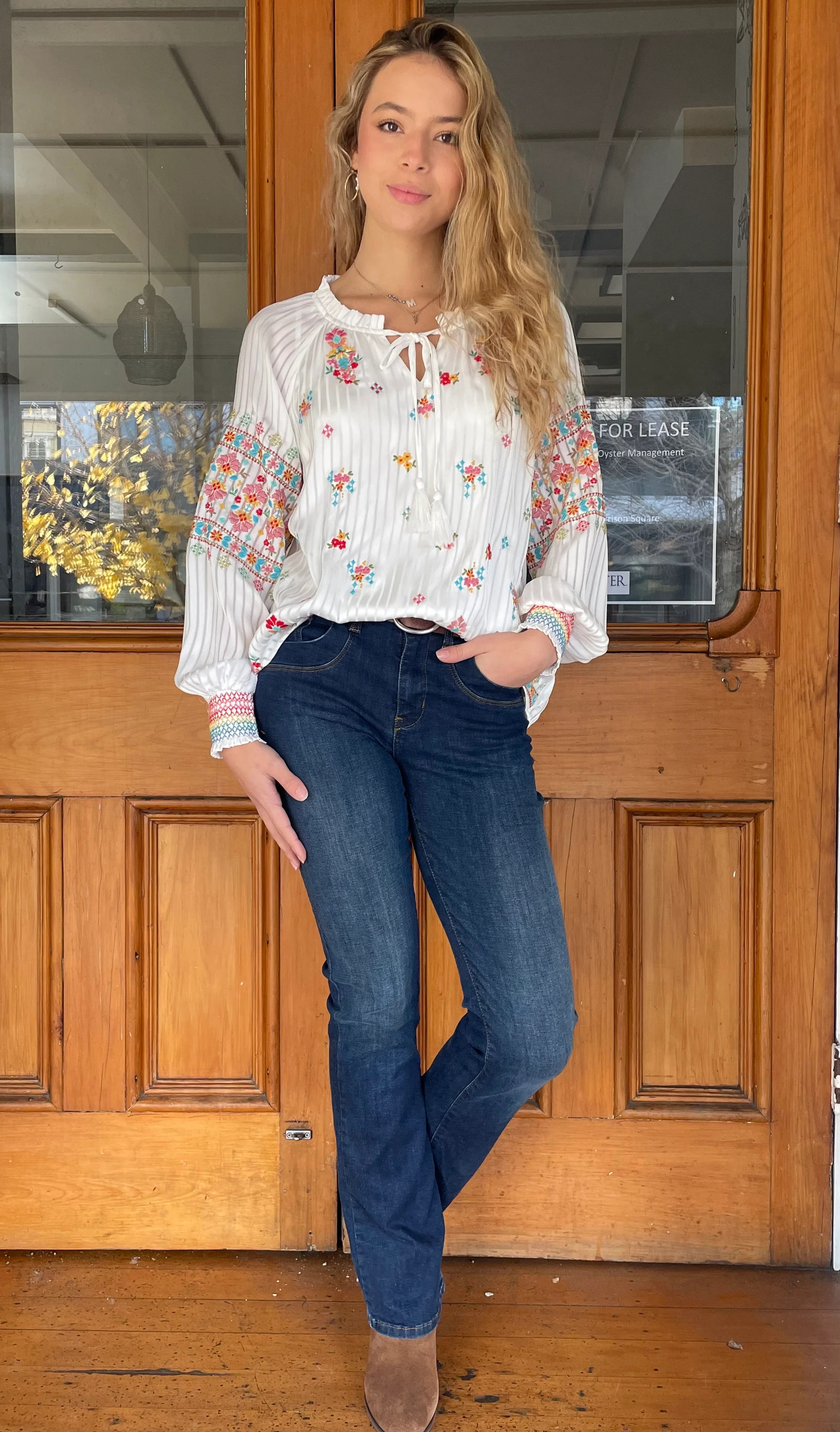 Romeo Embroidered Tie Front Top Ivory