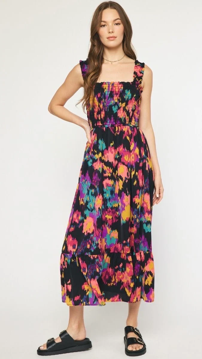 Parker Printed Smocked Midi Dress Black