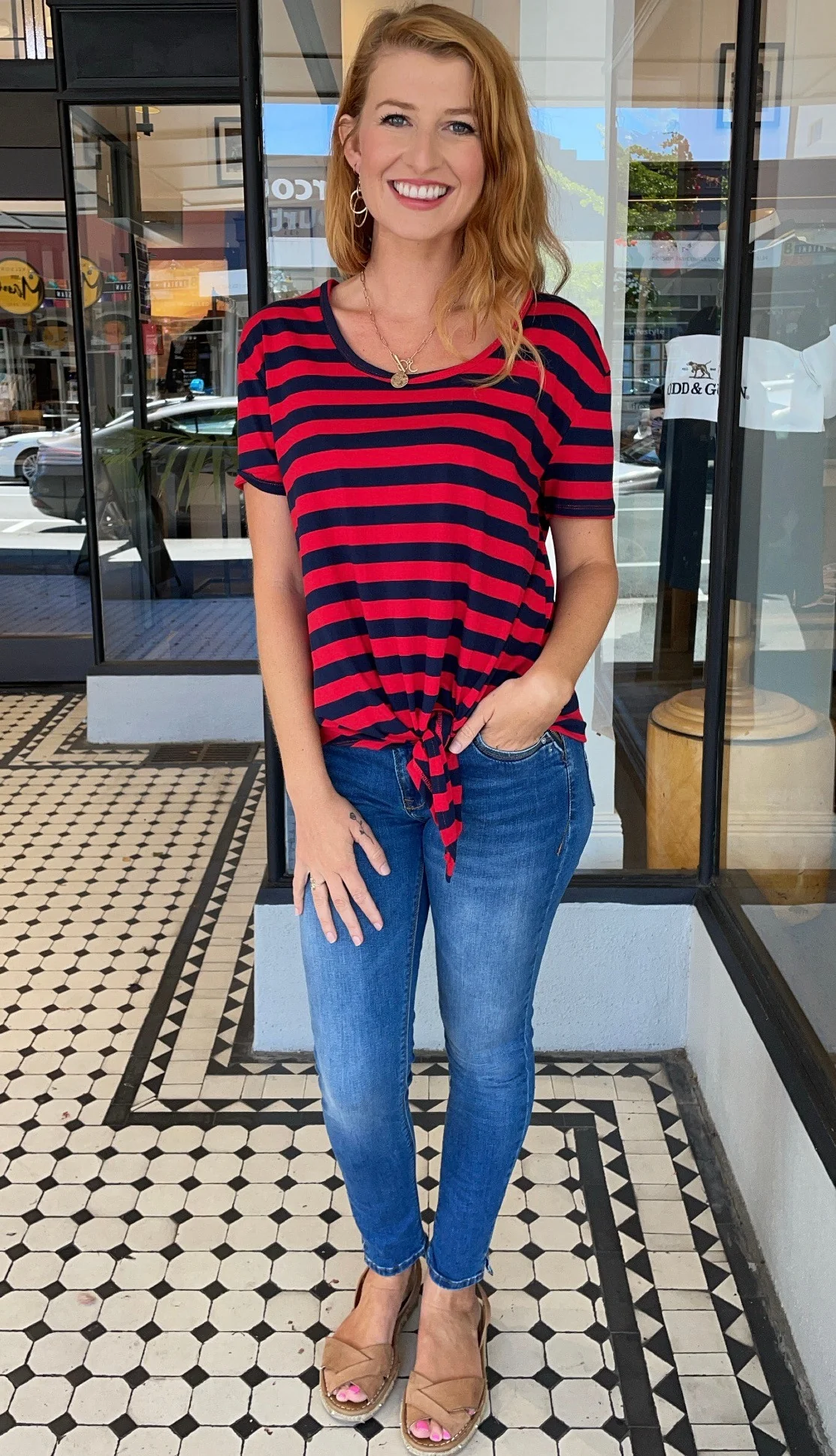 Lara Striped Knot Front Top Red/Navy