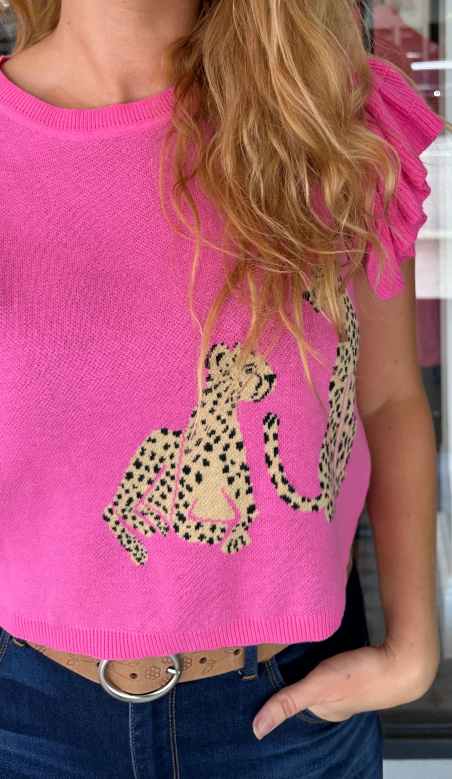 Cheetah Knit Crop Top Hot Pink