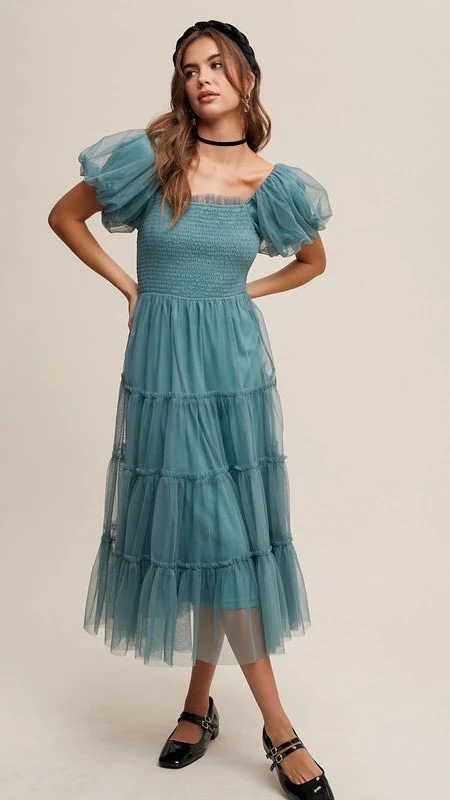 Penelope Tulle Puff Sleeve Dress Sage