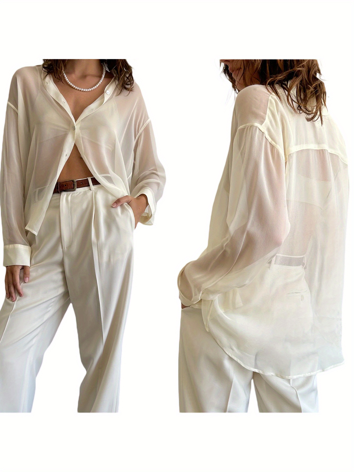 Womenacute;s Blouse, Lapel Collar Long Sleeve Button-Down See-Through Loose Shirt for Ladies
