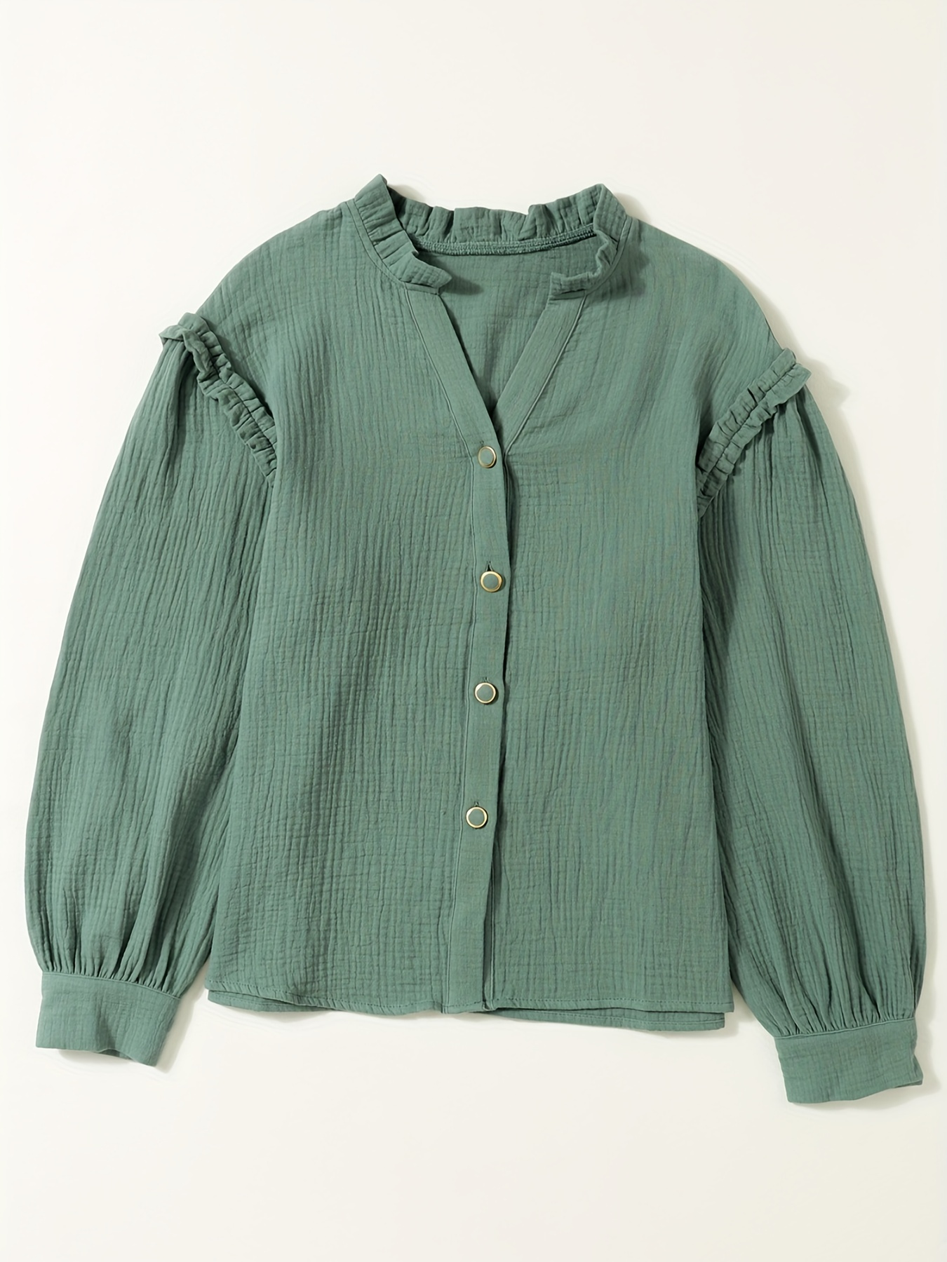 Solid Ruffle Hem Blouse, Elegant Button Front Drop Shoulder Blouse, Women's Clothing