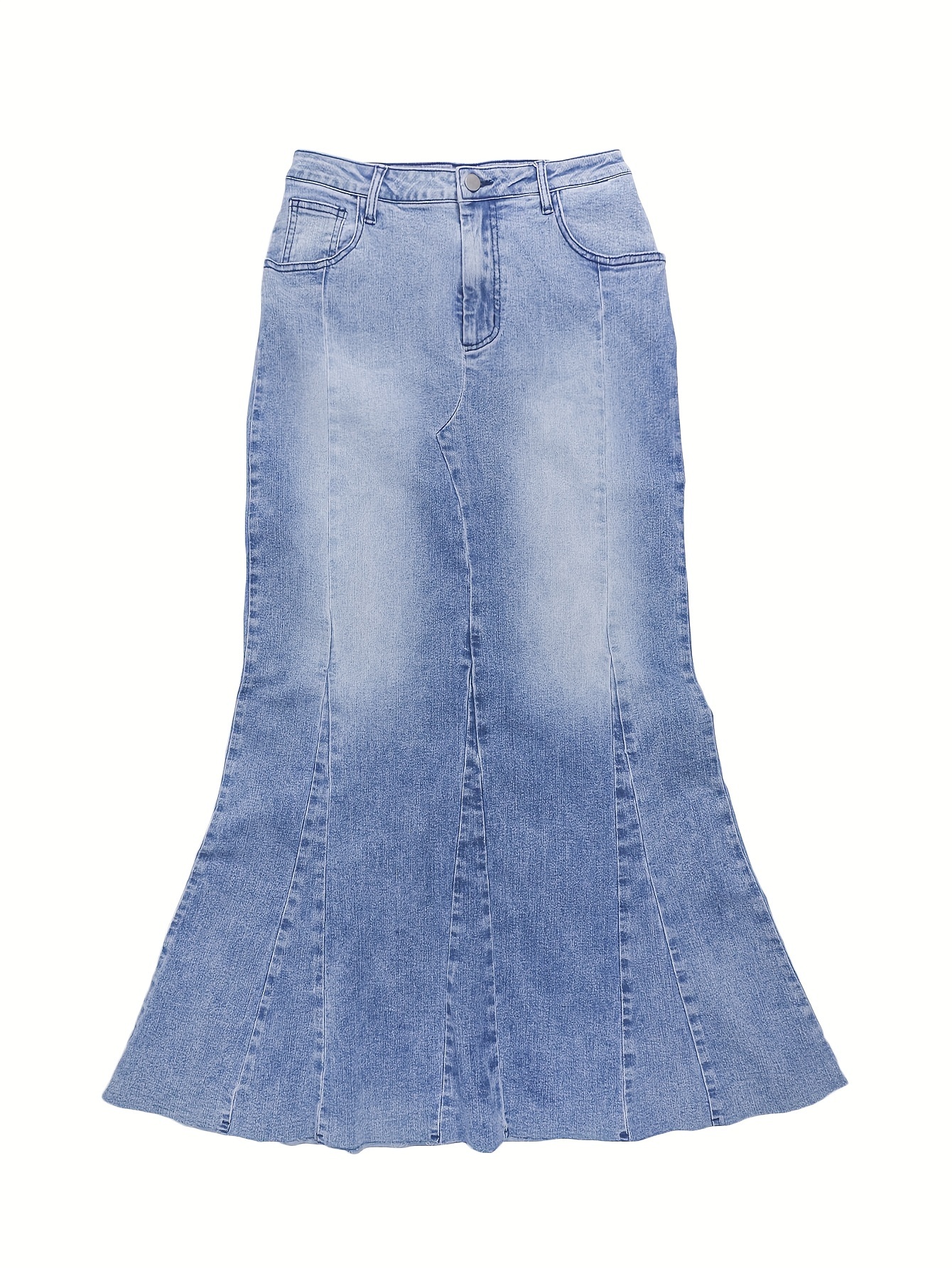 Raw Hem Plain Washed Blue Elegant Style Maxi Denim Skirt, Women's Denim Jeans & Clothing
