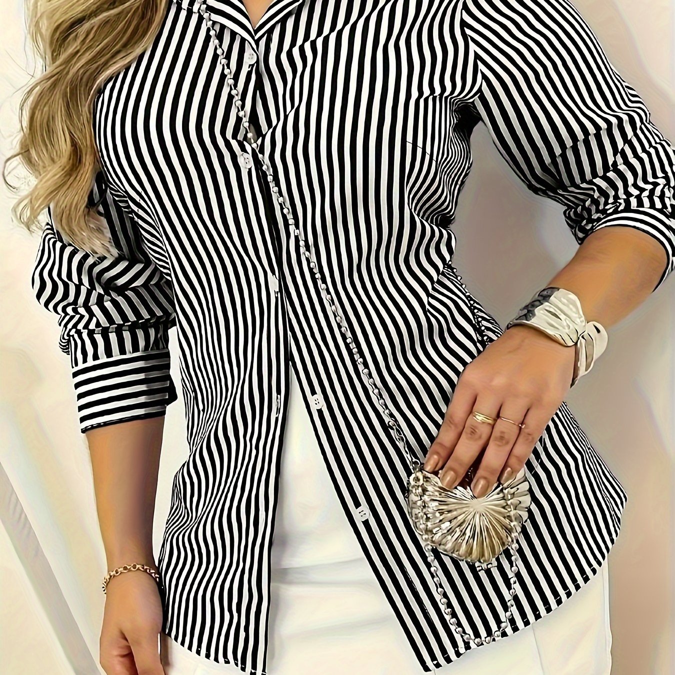 Elegant And Comfortable Striped Print Single-breasted Shirt Casual Long-sleeved Collared Shirt For Women