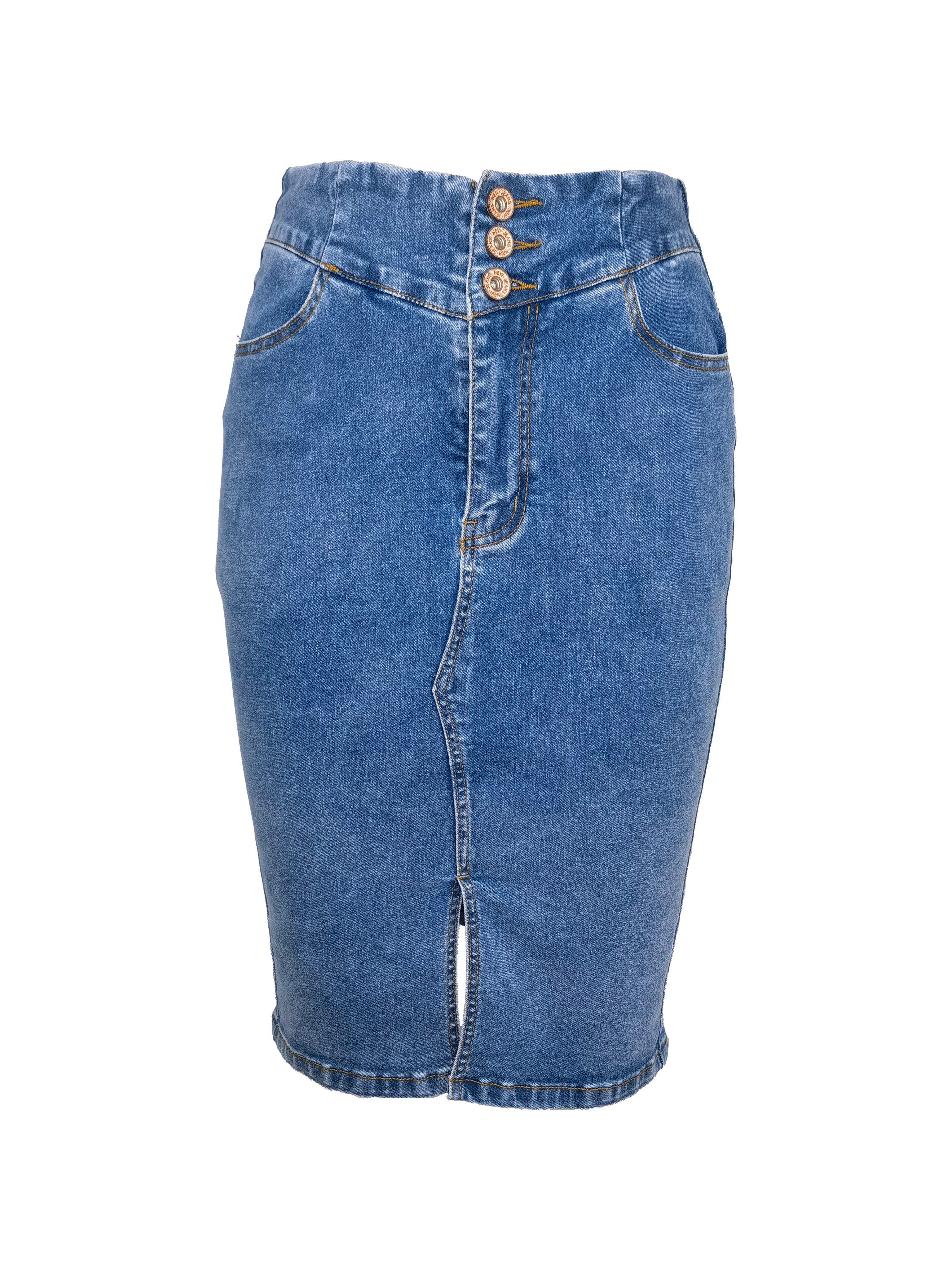 High Rise Single-breasted Elegant Style Split Front Plain Washed Blue Bodycon Denim Skirt, Women's Denim Jeans & Clothing