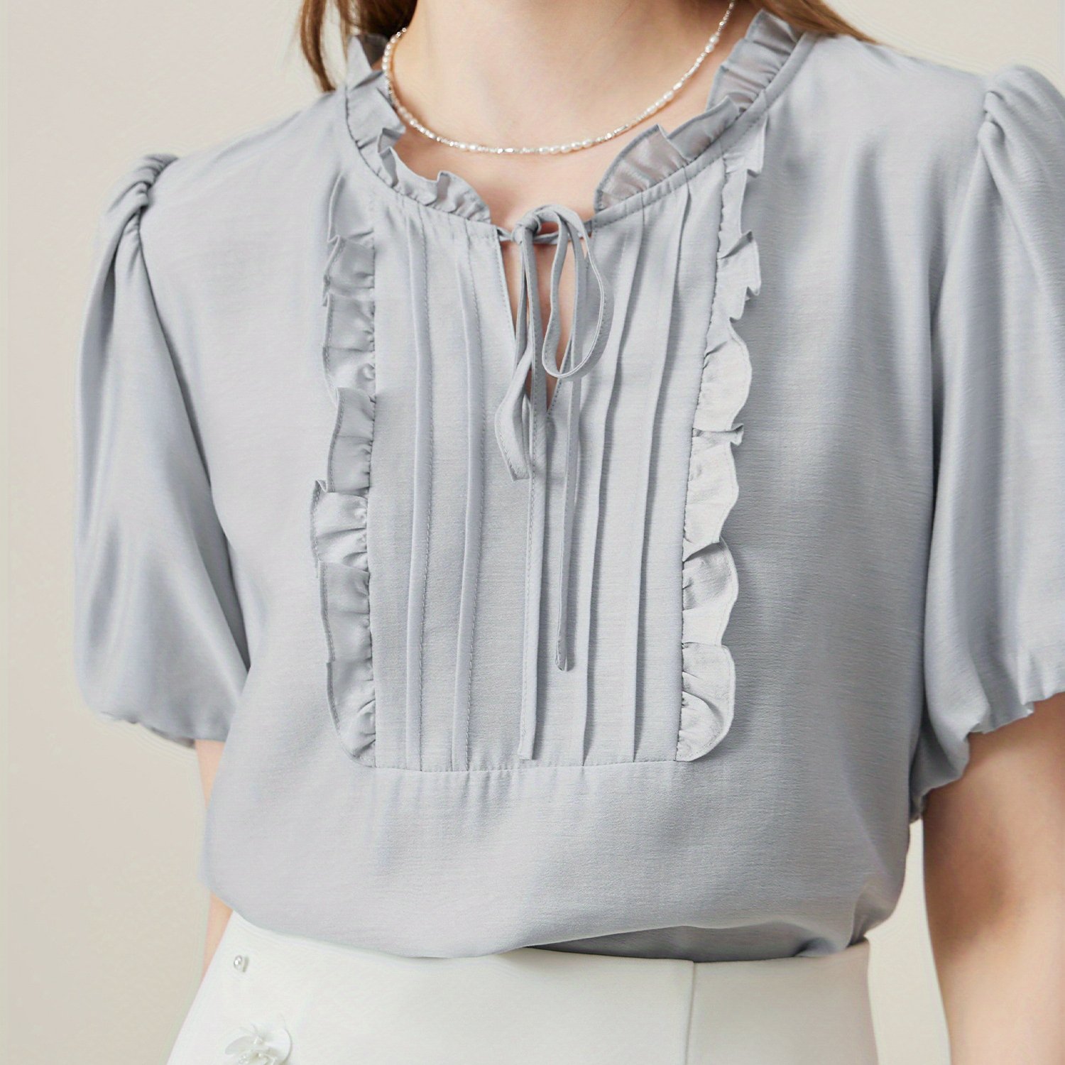 Ruffle Trim Tie Neck Blouse, Elegant Solid Short Sleeve Blouse For Spring & Summer, Women's Clothing