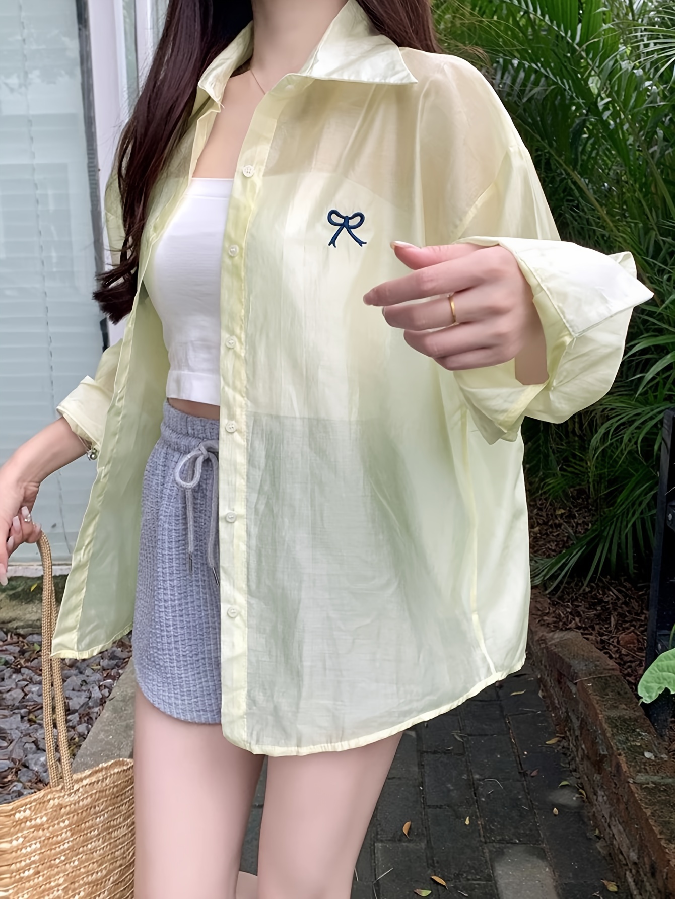 Women's Casual Polyester Blouse With Butterfly Embroidery, Relaxed Fit, UV Protection, Adjustable Button Front, Seasonless