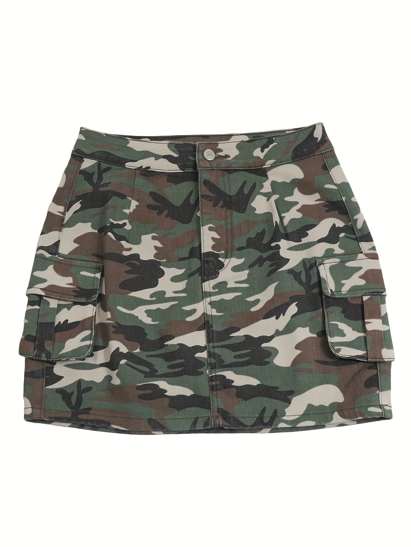 Camo Print Side Flap Pocket Retro Style Streetwear Bodycon Mini Denim Skirt, Women's Denim Jeans & Clothing