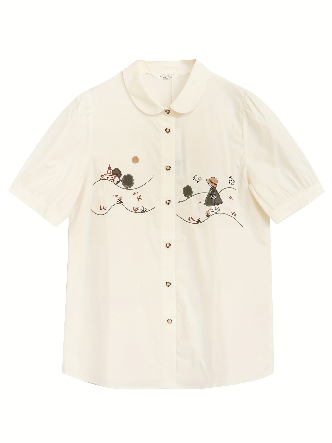 ZIHAN Summer 2024 Cute Cartoon Print Cotton Blouse - Polo Collar, 100% Cotton Lightweight Shirting, Woven, Adult Seasonal Top with Bubble Sleeves, Casual Loose-Fit Polo Shirt