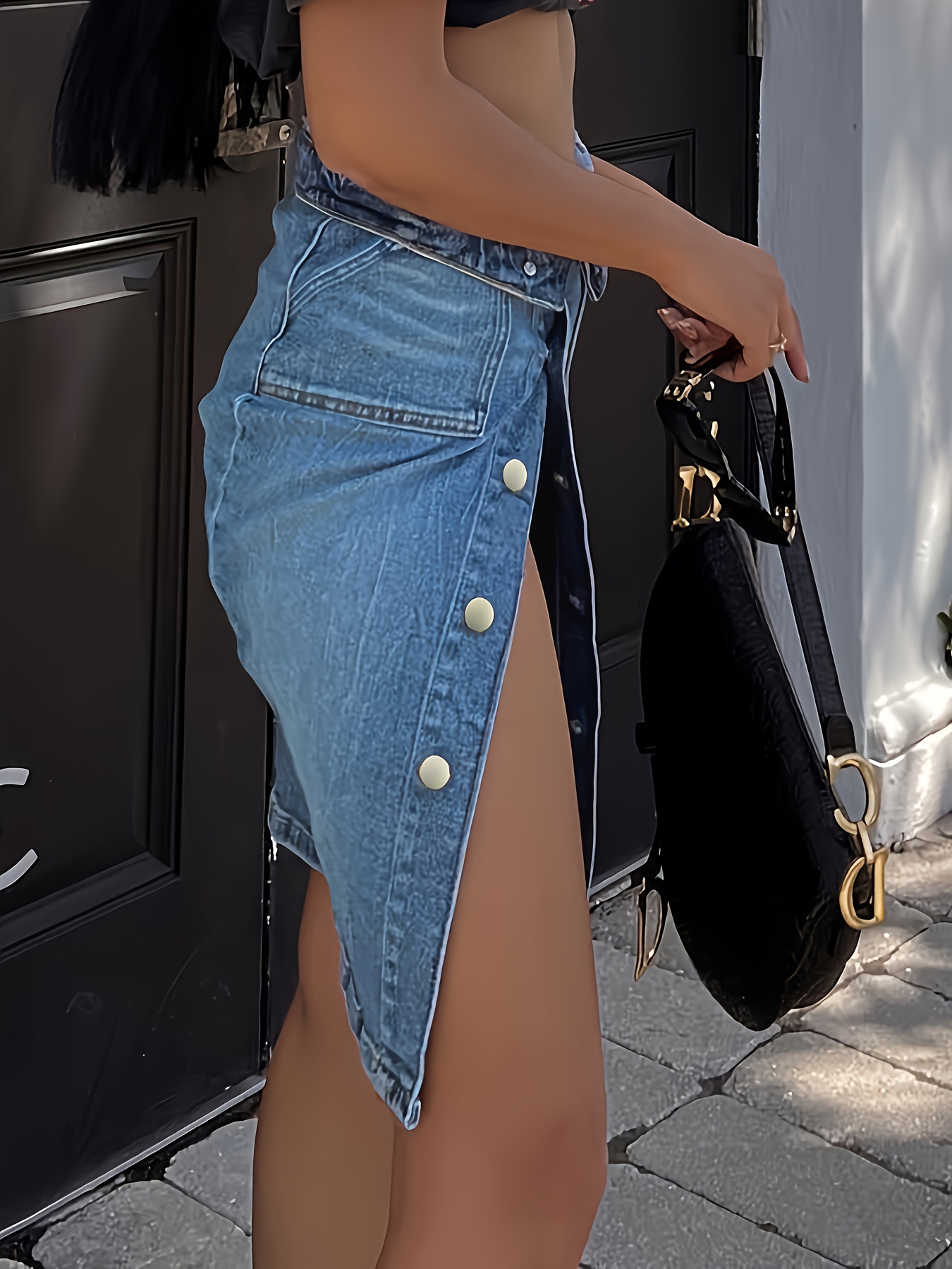 Single-breasted Button Fly Plain Washed Blue Split Sexy Denim Skirt, Women's Denim Jeans & Clothing