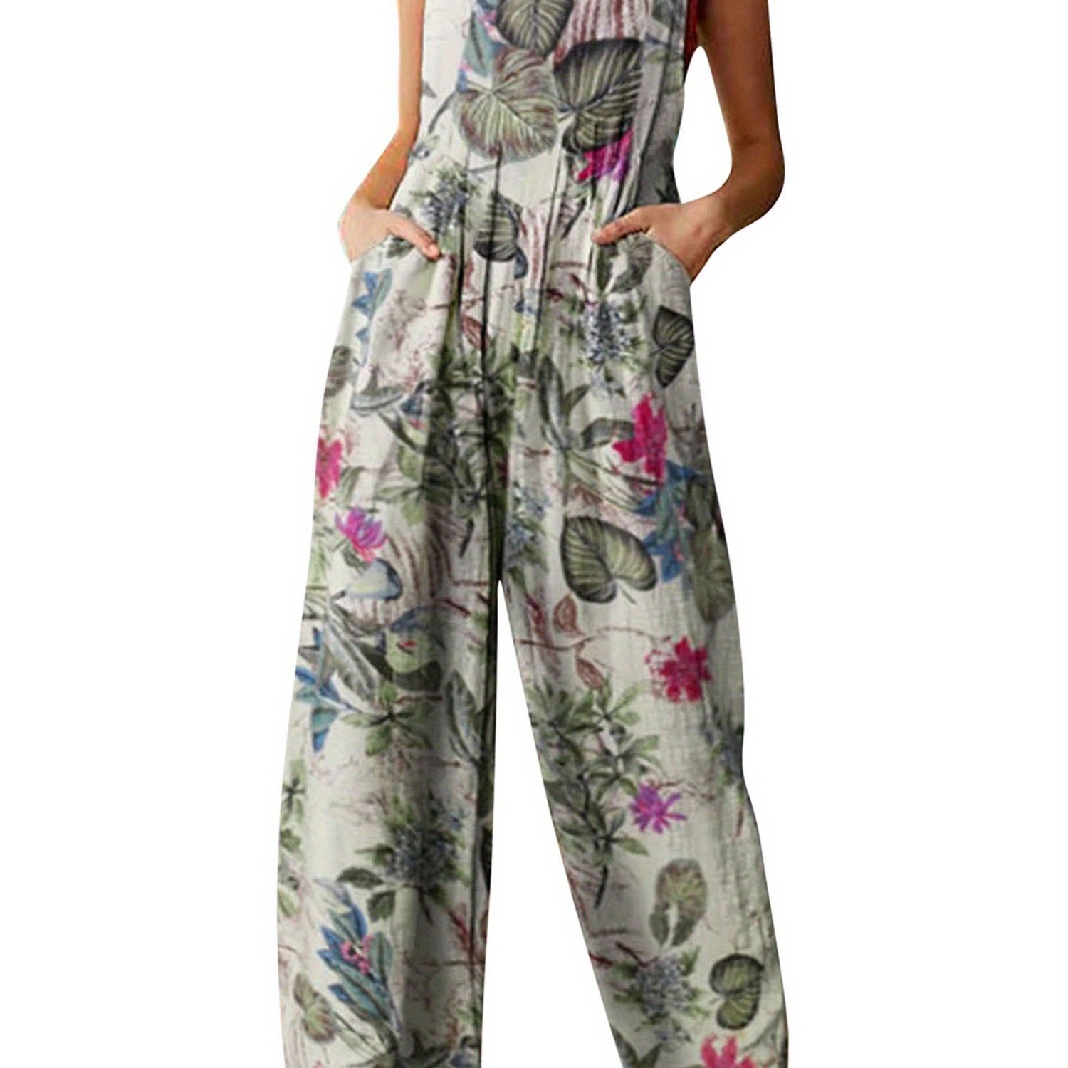 Floral Print Square Neck Overall Jumpsuit, Casual Button Decor With Pockets Sleeveless Ruched Overall Jumpsuit For Spring & Summer, Women's Clothing
