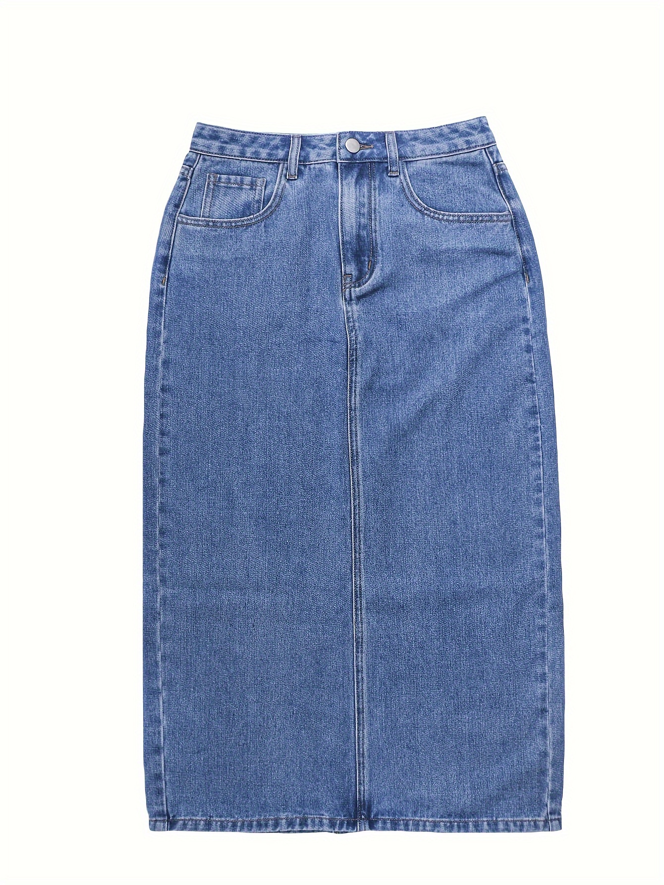 Split Back Hem Plain Washed Blue Streetwear Midi Denim Skirt, Women's Denim Jeans & Clothing