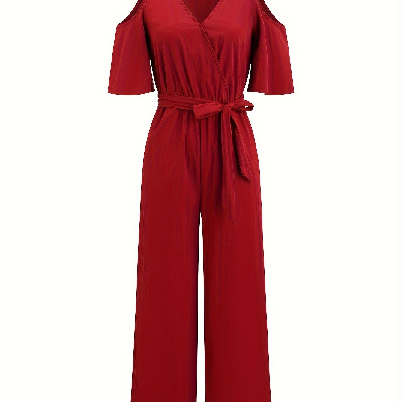 Women's Elegant High-Waisted Wide Leg Pants, Polyester Fabric, V-Neck, Machine Washable, All-Season, Fashionable Design