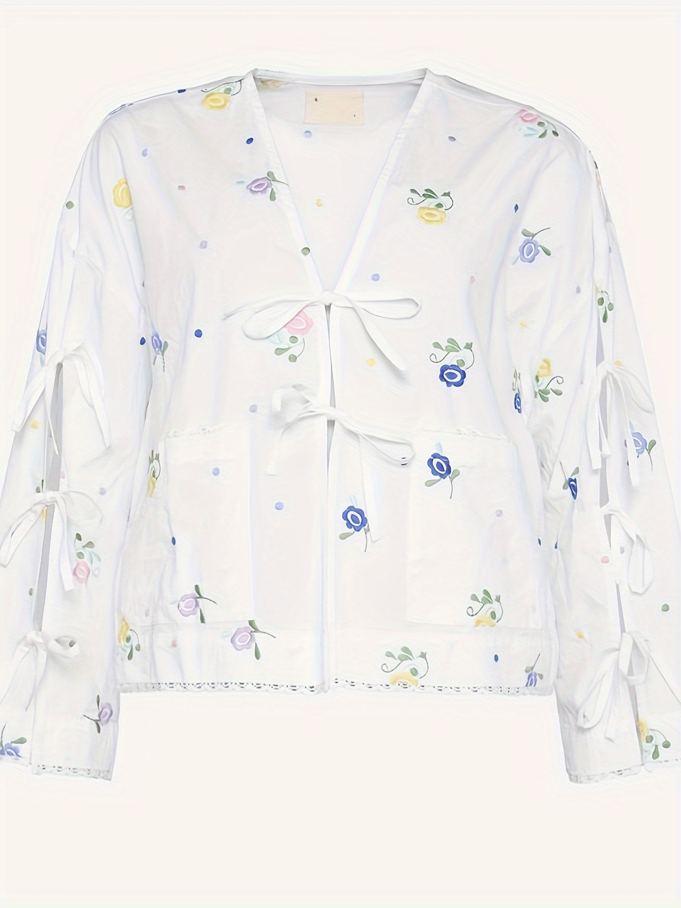 Women Bow Tie Front Long Sleeve Blouse White Floral Print Tie Up Front Shirt Y2k Lace Up Cutout Babydoll Shirts Vintage Elegant Tops Casual Dressy Shirt Blouse