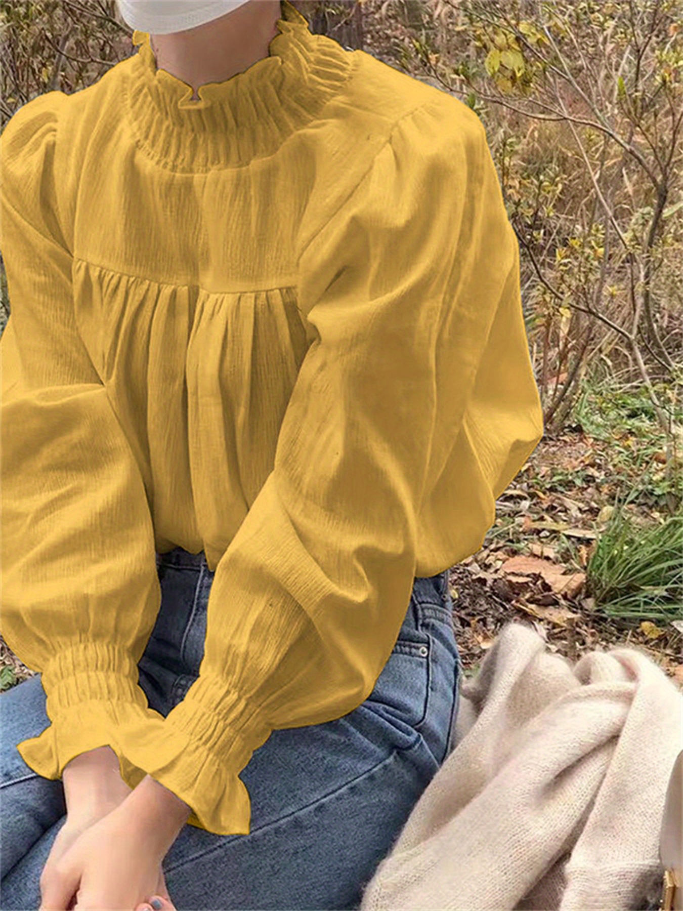 Ruffle Trim Mock Neck Blouse, Casual Solid Long Sleeve Pleated Shirred Blouse For Spring & Fall, Women's Clothing