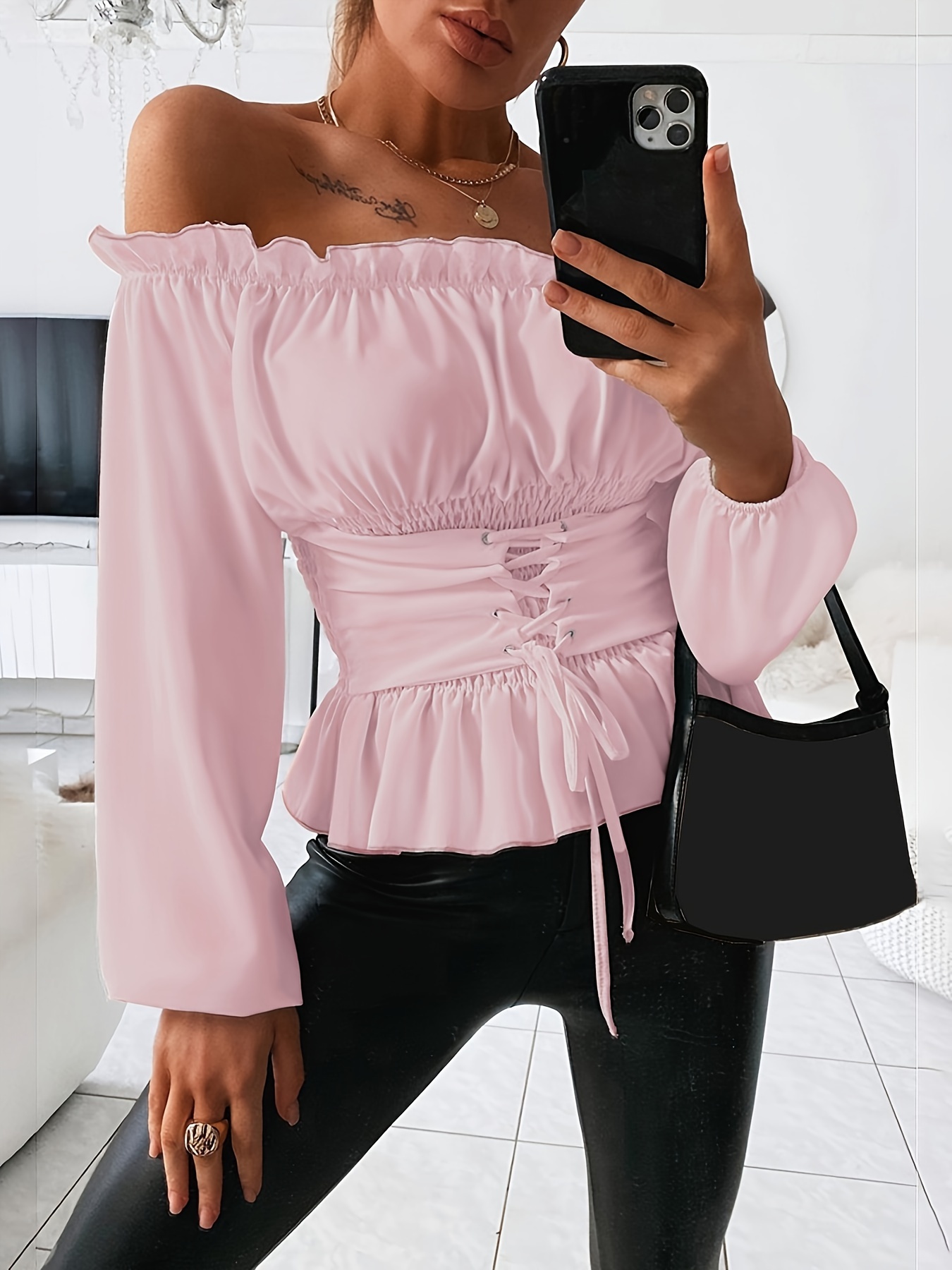 Chic Off Shoulder Ruffle Blouse with Tie Detail; Flattering Long Sleeve, Versatile & Machine Washable