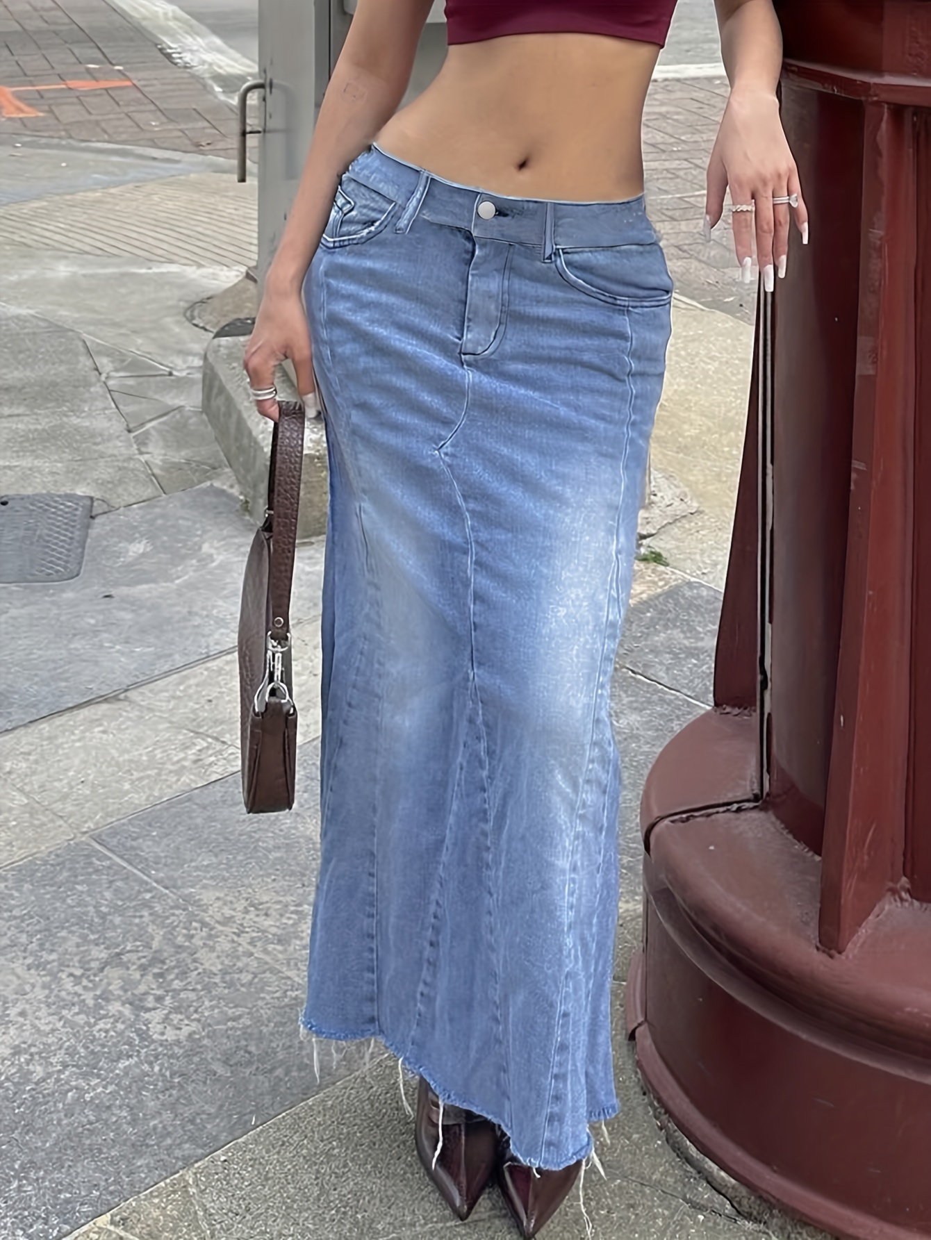 Raw Hem Plain Washed Blue Elegant Style Maxi Denim Skirt, Women's Denim Jeans & Clothing