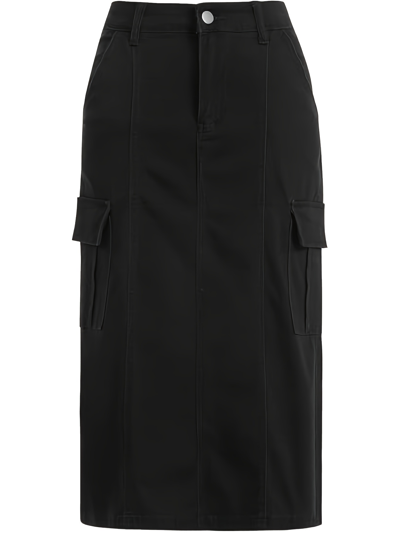 Women's Plain Black Color Side Flap Pocket Maxi Denim Cargo Skirt Denim Skirt High Waist Pencil Skirt
