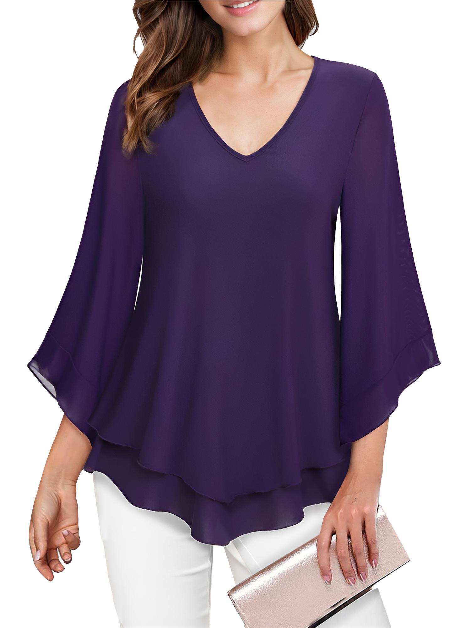 tooluck Womens Blouse Double Layers Mesh Shirt Ruffle 3 F4 Flared Sleeve Tops