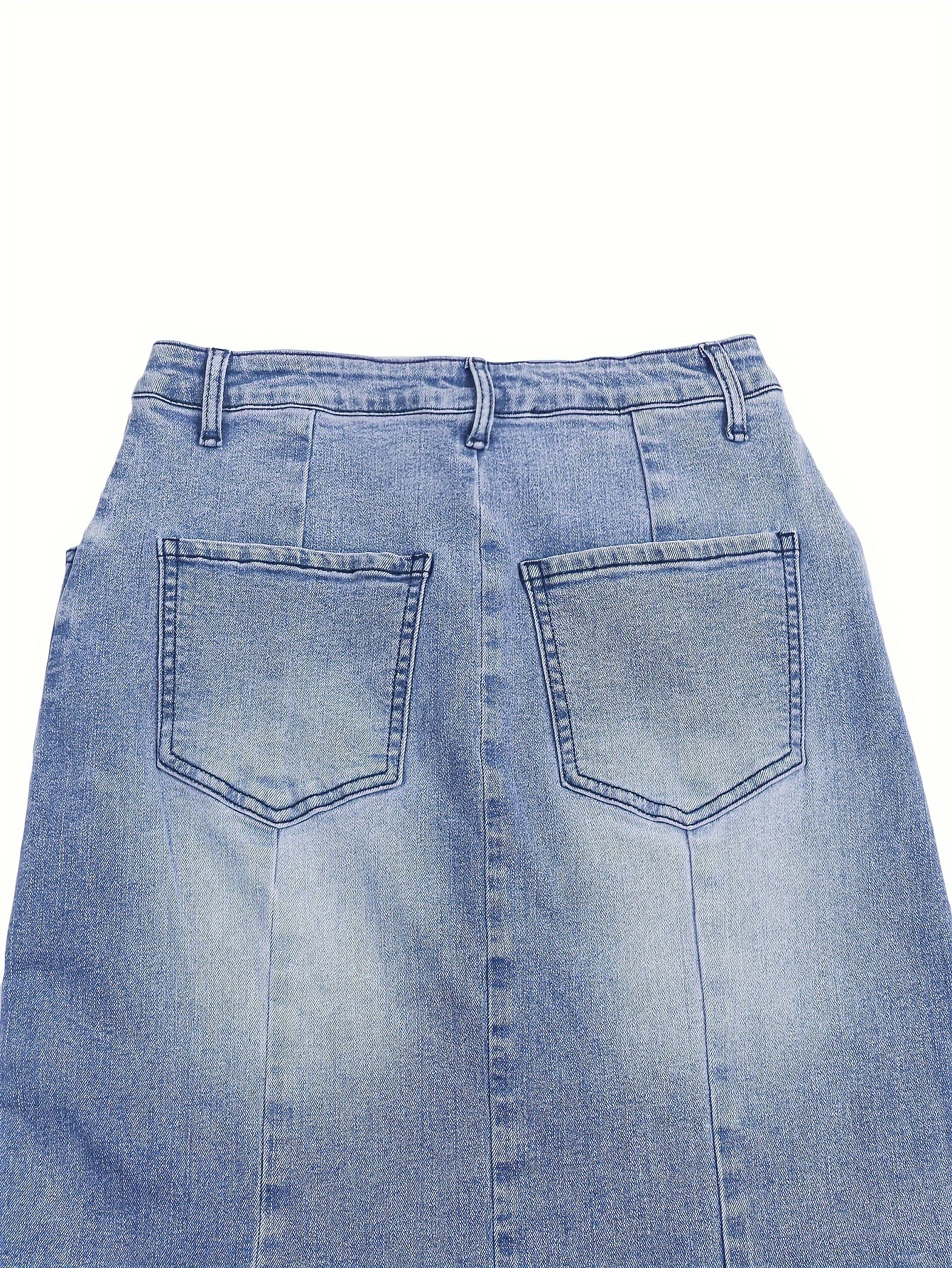 Raw Hem Plain Washed Blue Elegant Style Maxi Denim Skirt, Women's Denim Jeans & Clothing