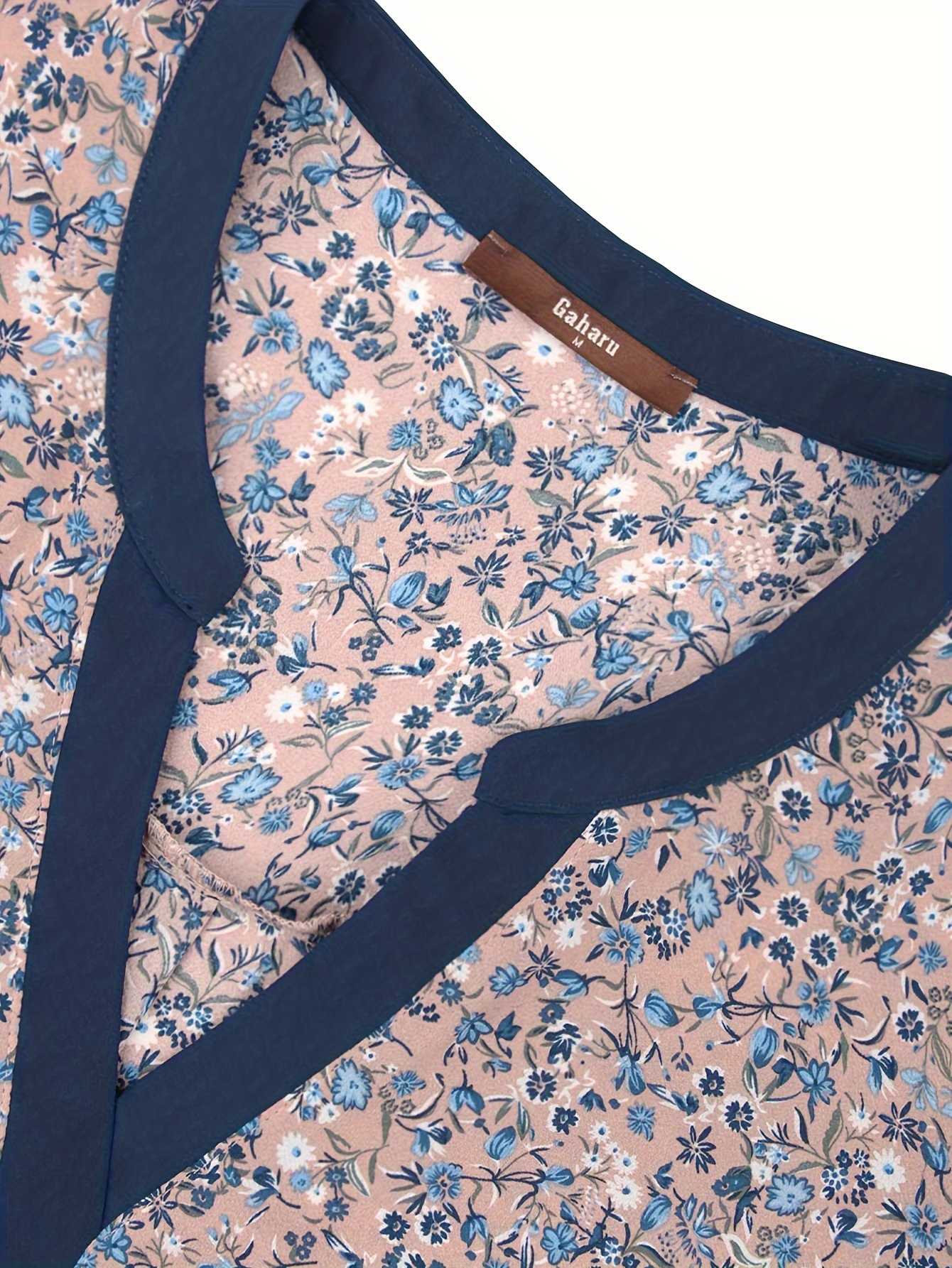 Floral Print Contrast Trim Blouse, Cute Notched Neck Short Sleeve Blouse For Spring & Summer, Women's Clothing