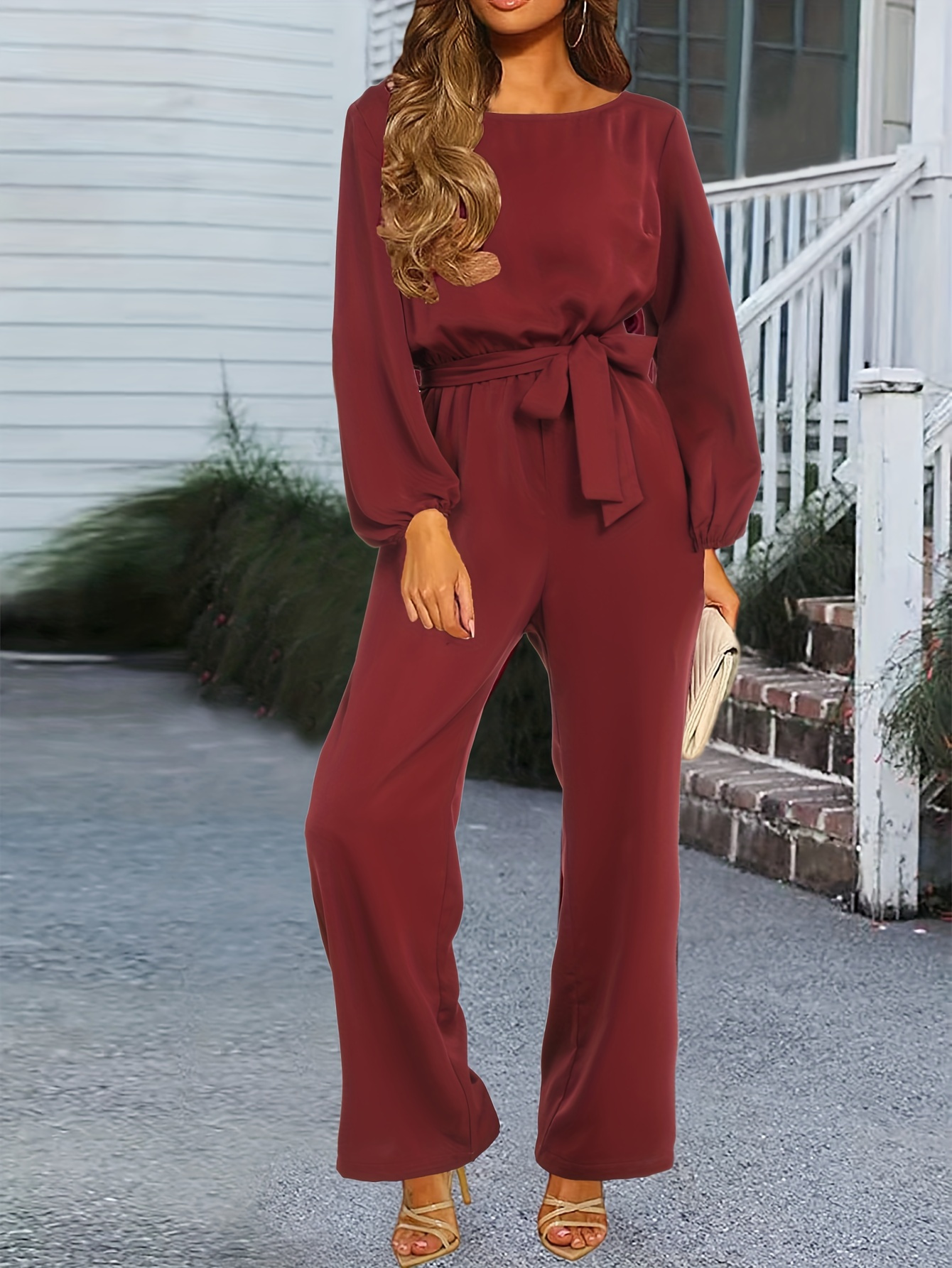 Crew Neck Wide Leg Jumpsuit, Elegant Lantern Sleeve Belted Jumpsuit For Spring & Fall, Women's Clothing