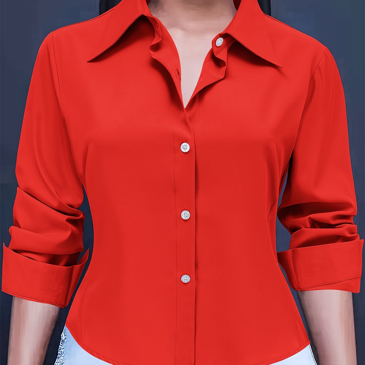 Solid Color Button Front Blouse, Casual Long Sleeve Polo Collar Blouse For Spring & Summer, Women's Clothing