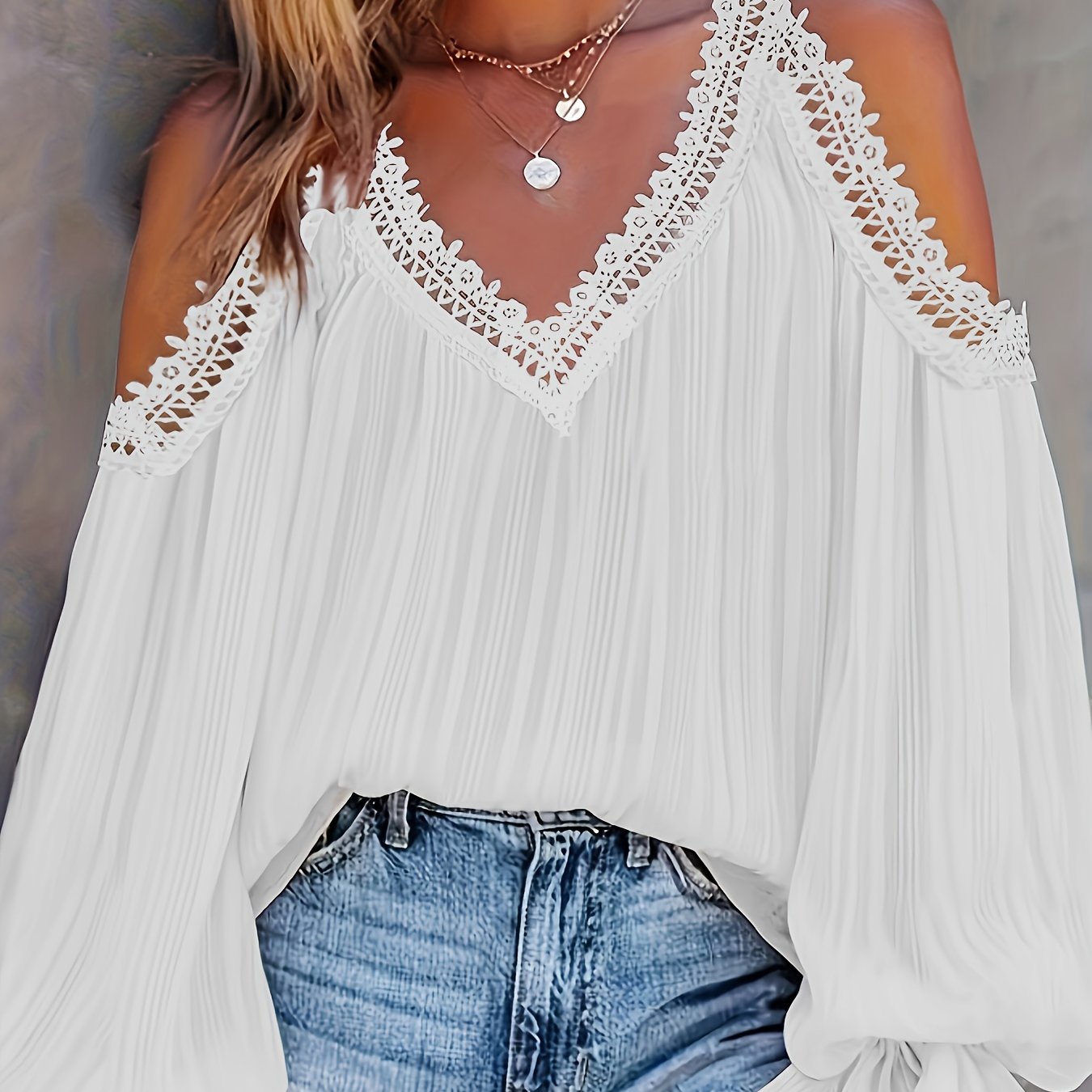 Lace Splicing V Neck Blouse, Elegant Cold Shoulder Long Sleeve Blouse For Spring & Fall, Women's Clothing