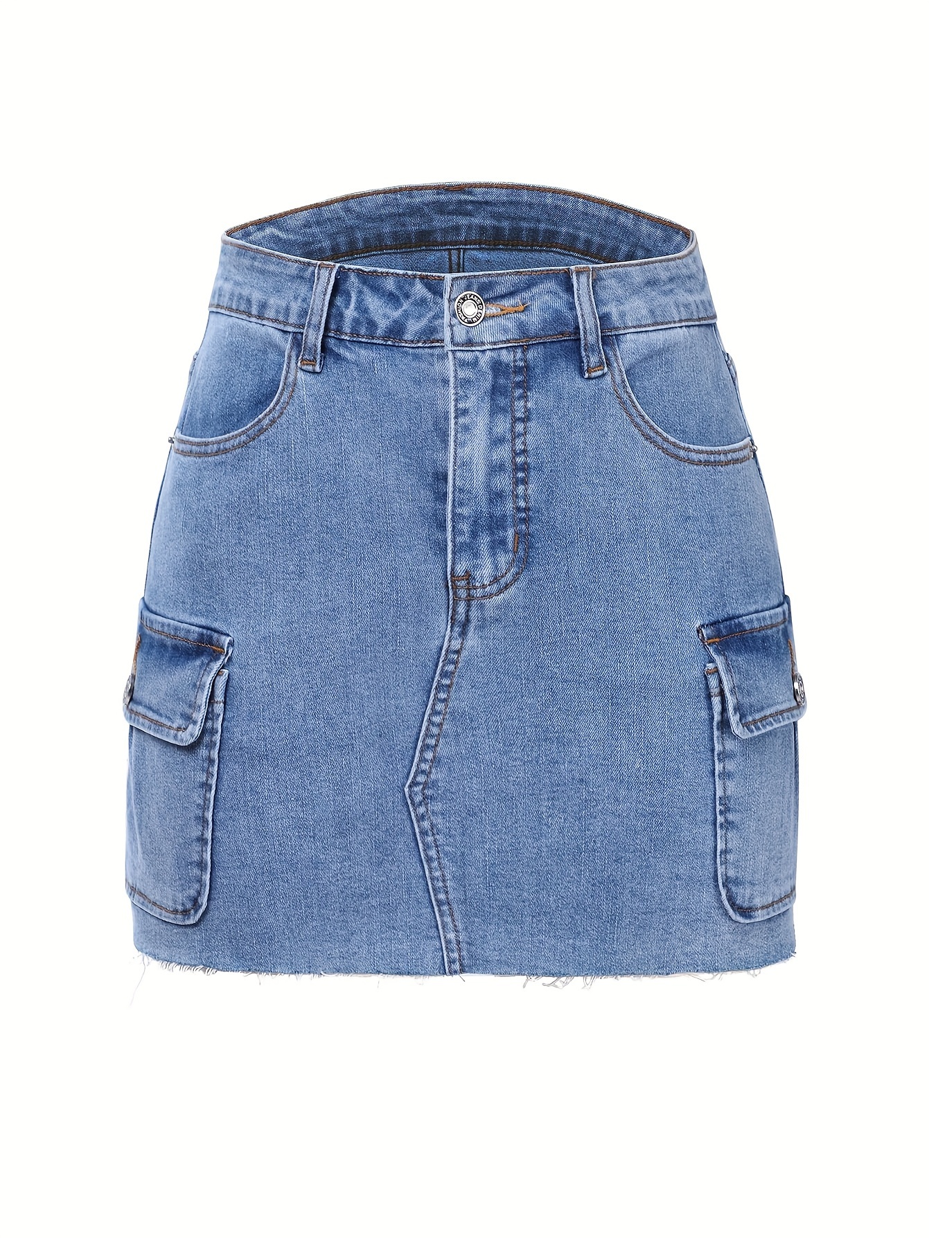 Women's Casual High-Waist Denim Mini Skirt, Cargo Style With Pockets, Frayed Hem Jean Skirt, Plain