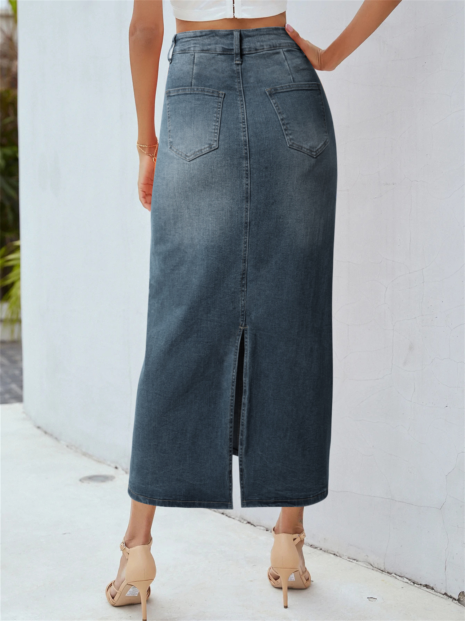 Plain Washed Blue Whiskering Casual Style High Rise Maxi Denim Skirt, Women's Denim Jeans & Clothing