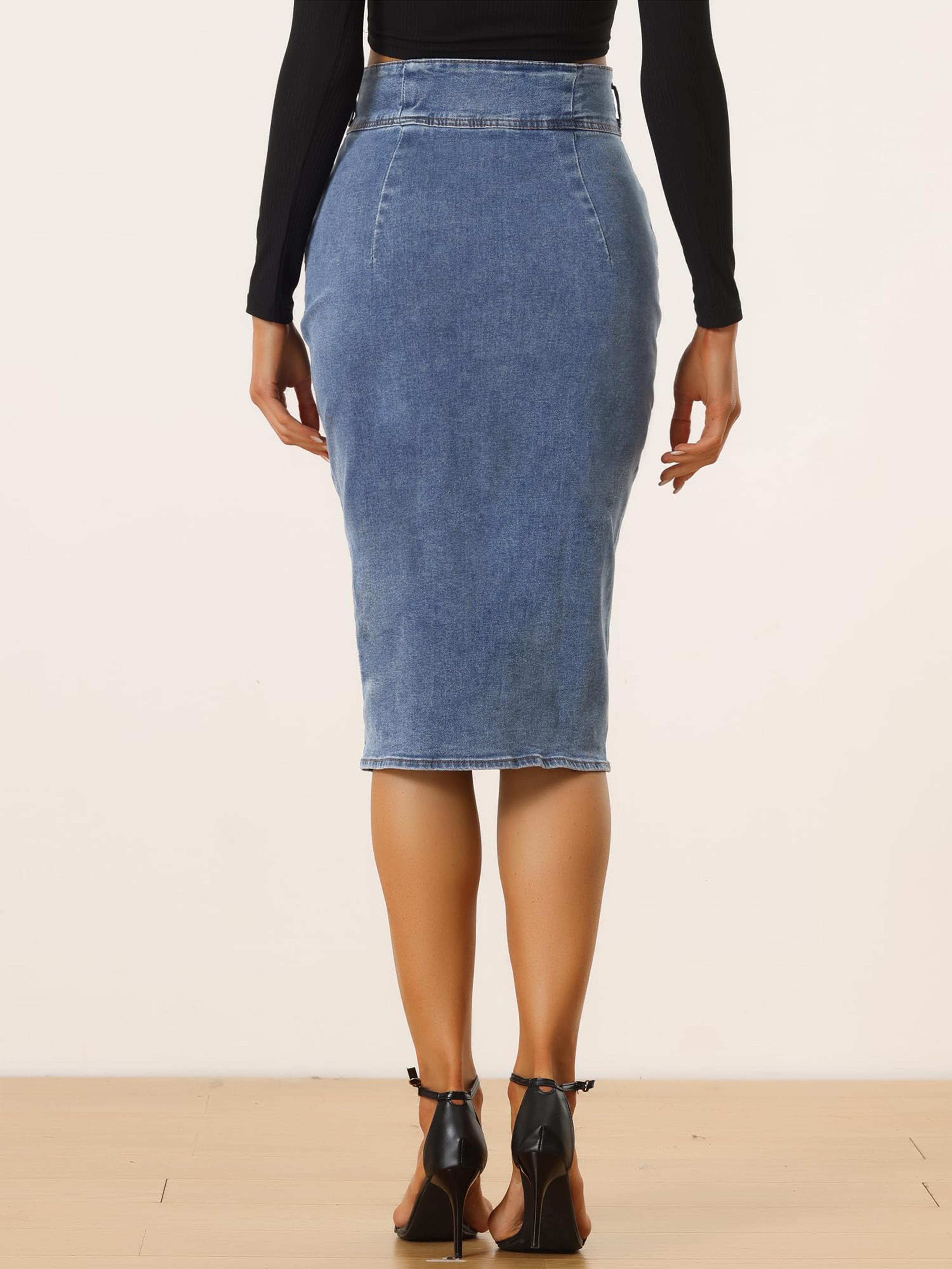 High Rise Single-breasted Elegant Style Split Front Plain Washed Blue Bodycon Denim Skirt, Women's Denim Jeans & Clothing