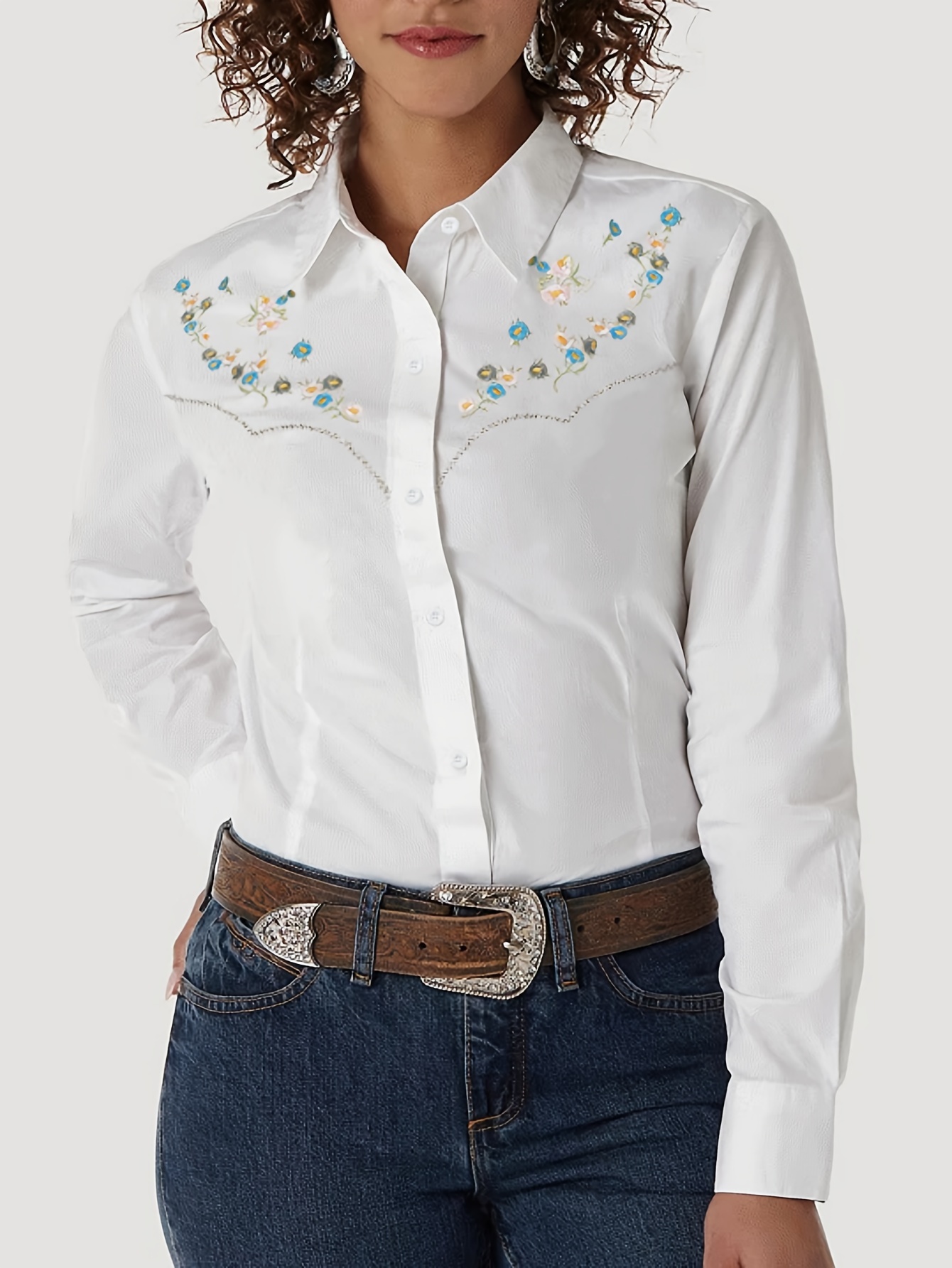 Floral Embroidery Single-breasted Shirt, Casual Long Sleeve Shirt For Spring & Fall, Women's Clothing