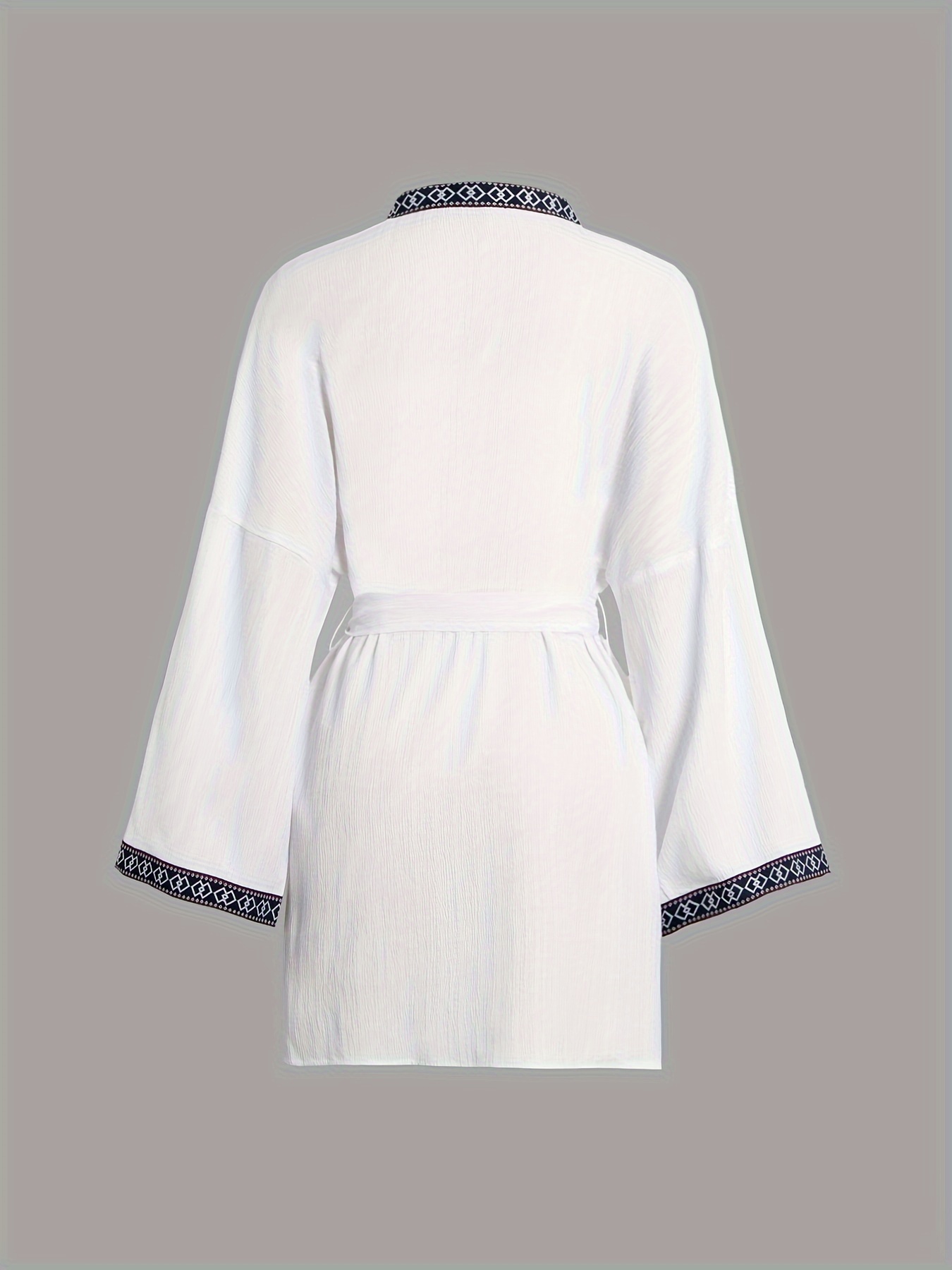 Contrast Trim Tie Waist Blouse, Casual Long Sleeve Blouse For Spring & Fall, Women's Clothing