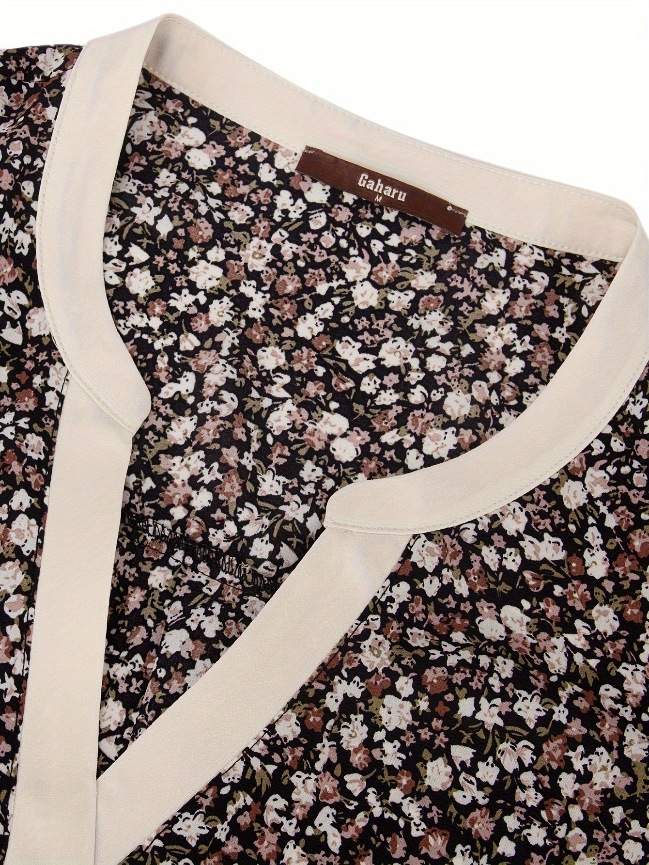 Floral Print Contrast Trim Blouse, Cute Notched Neck Short Sleeve Blouse For Spring & Summer, Women's Clothing