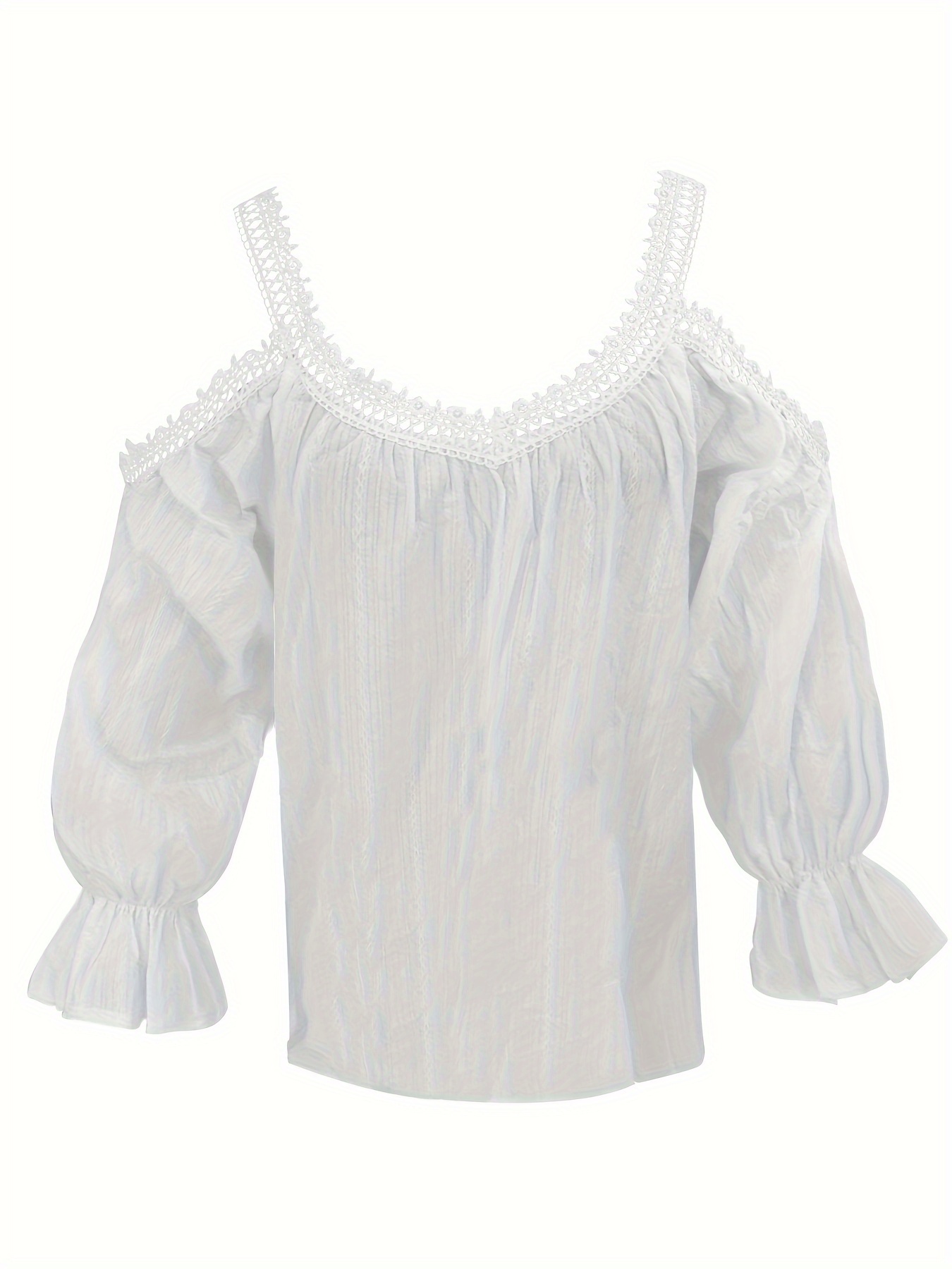 Lace Splicing V Neck Blouse, Elegant Cold Shoulder Long Sleeve Blouse For Spring & Fall, Women's Clothing